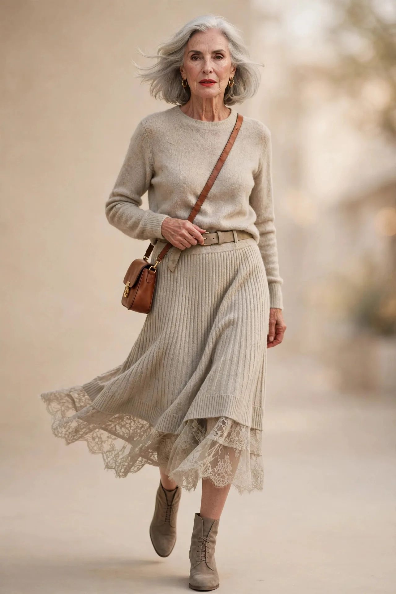 Knit Co-ord Calm — An oatmeal cashmere crew-neck sweater with a matching oatmeal ribbed-knit midi skirt, worn with taupe suede ankle boots and gold hoops.