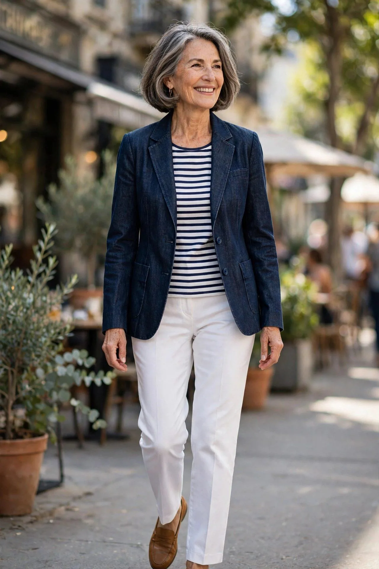 Easy denim jacket with white pants for weekend polish