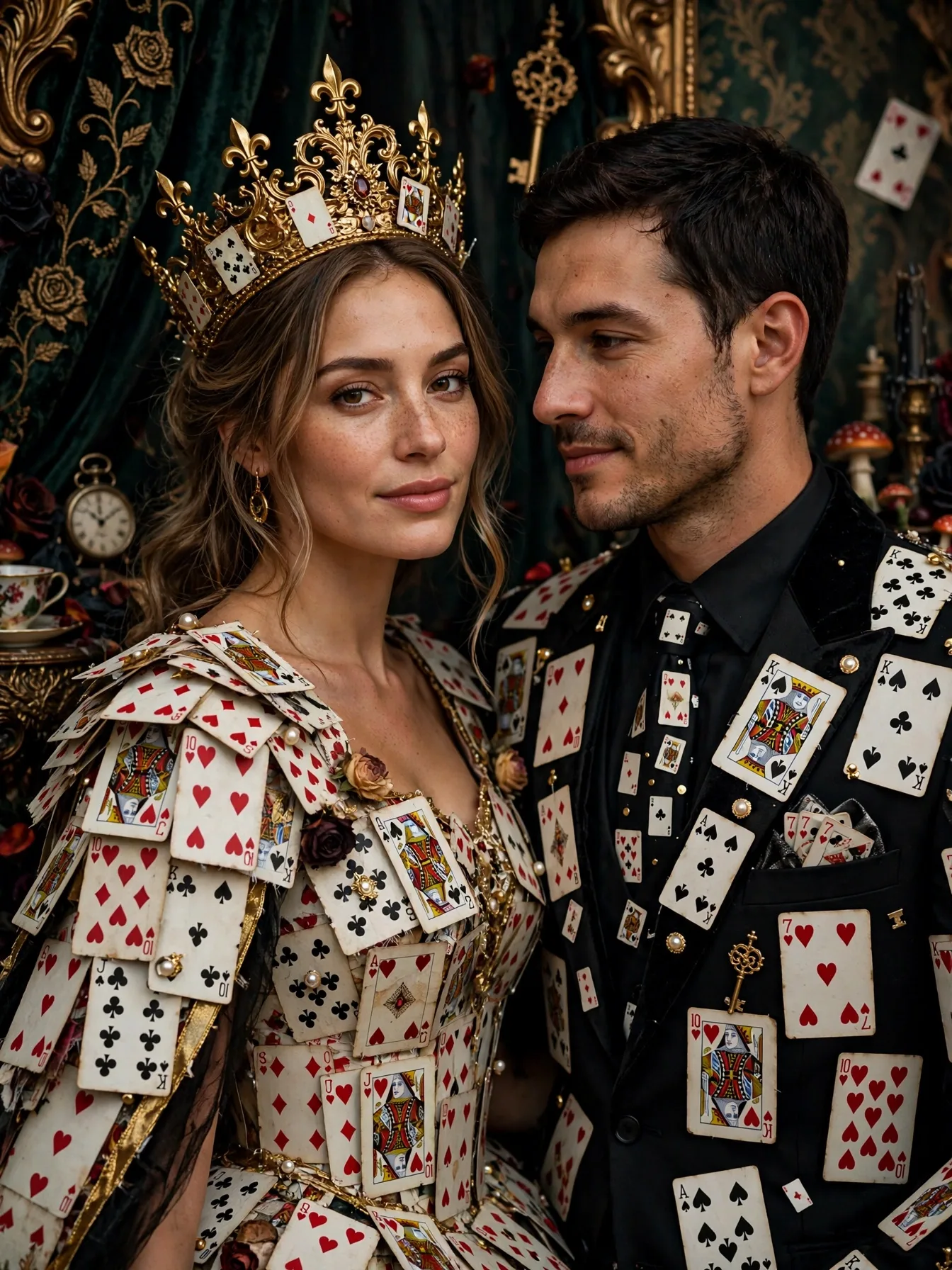 A regal King and Queen of Hearts covered in playing cards with crown.