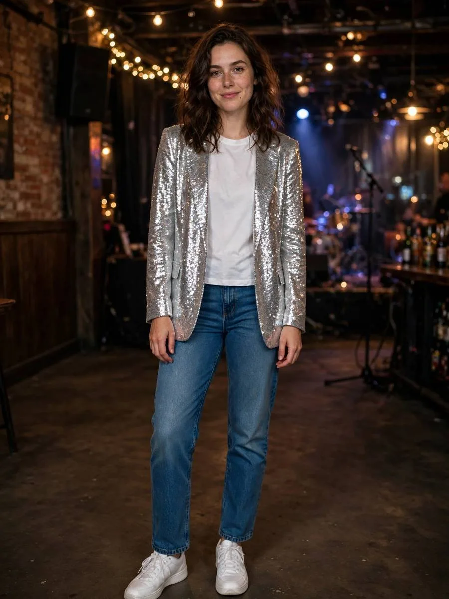 Sequin Blazer + White Tee + Jeans