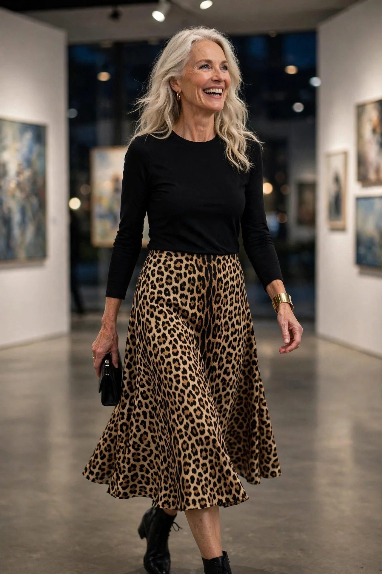 Joyful woman in leopard midi skirt at art gallery.