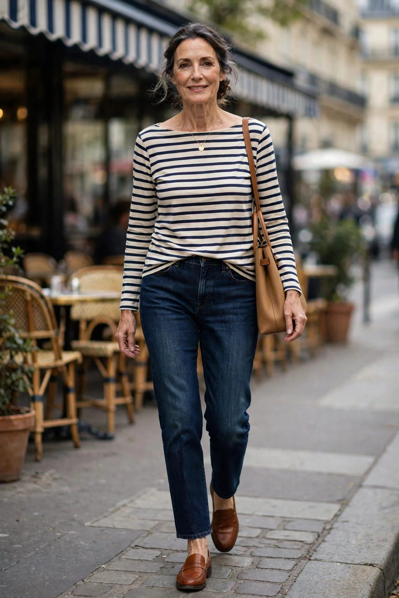 Silver-haired woman walking in Parisian street wearing indigo jeans and striped Breton top