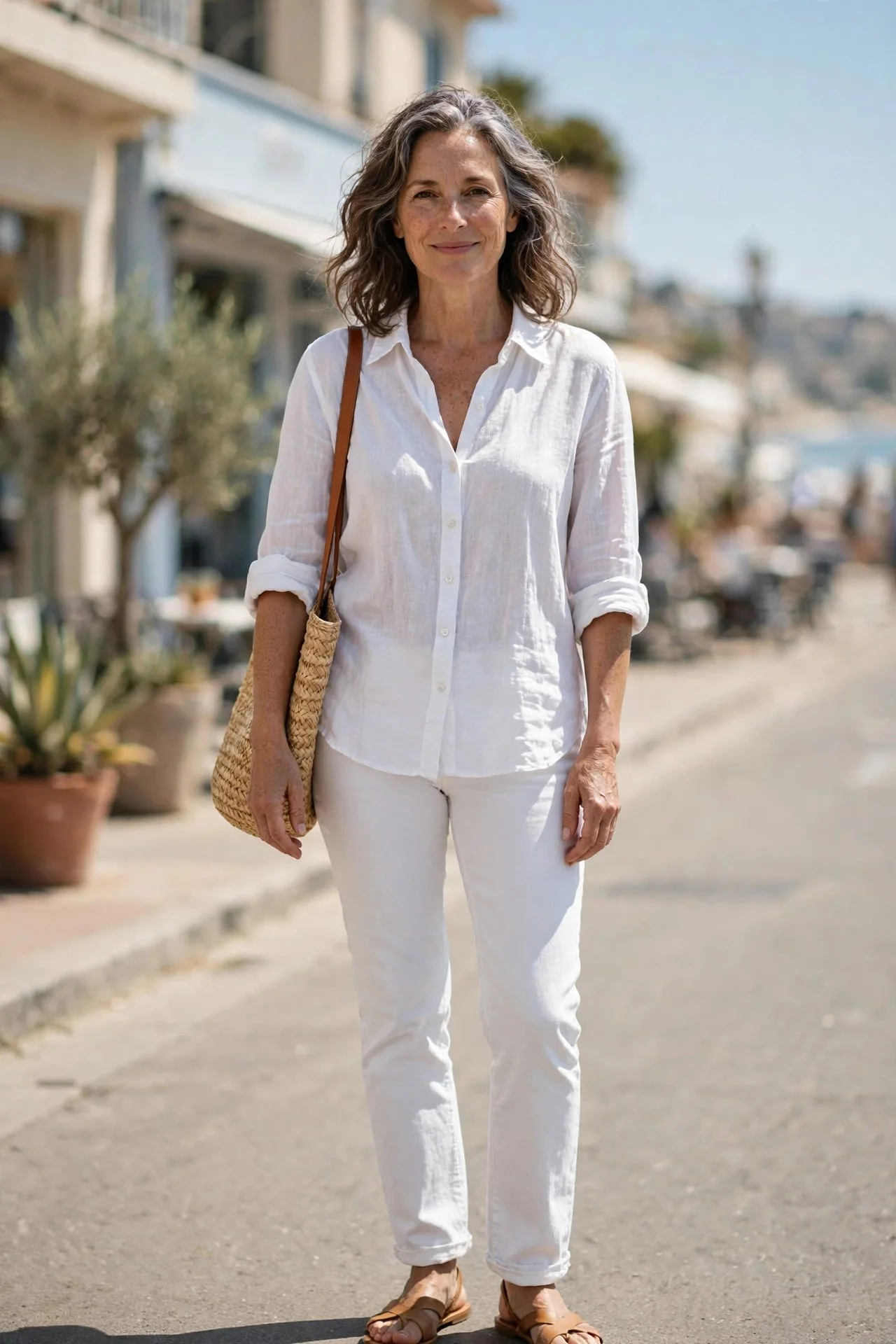 Woman over 50 in white linen shirt and white jeans at a summer market