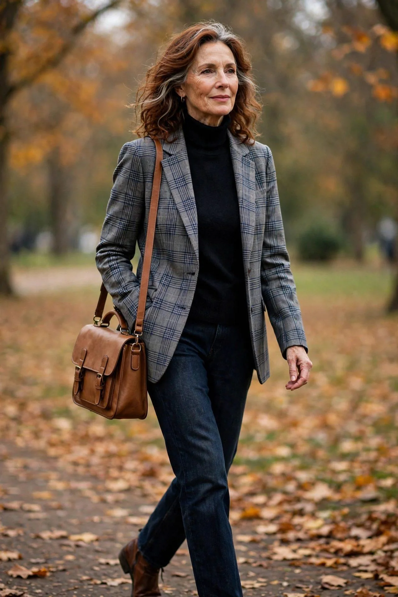 Classic mature style with plaid jacket, black roll-neck and indigo jeans