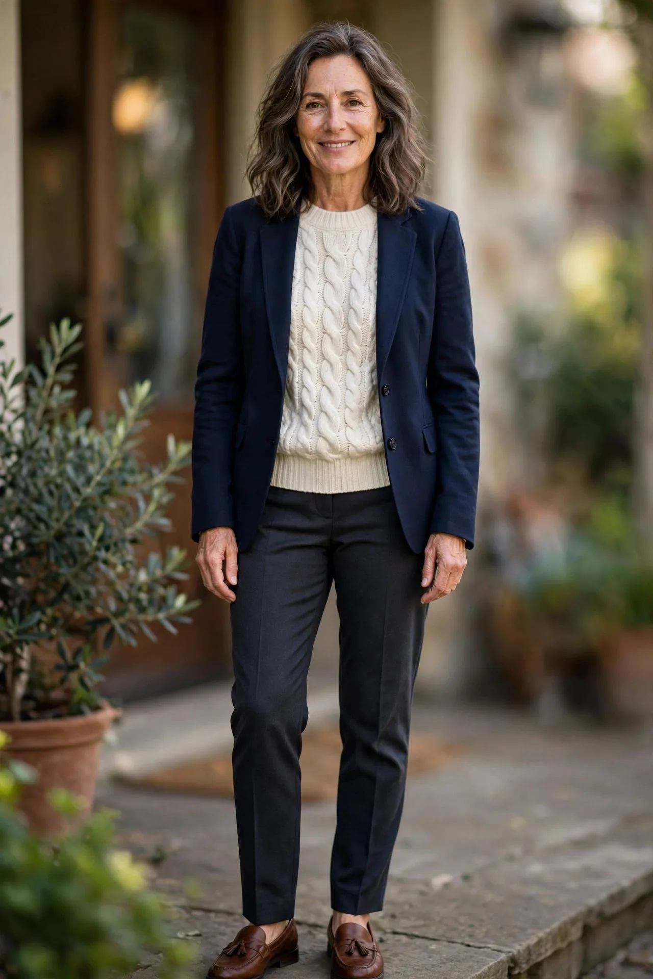 Woman over 50 in ivory cable-knit sweater and navy blazer