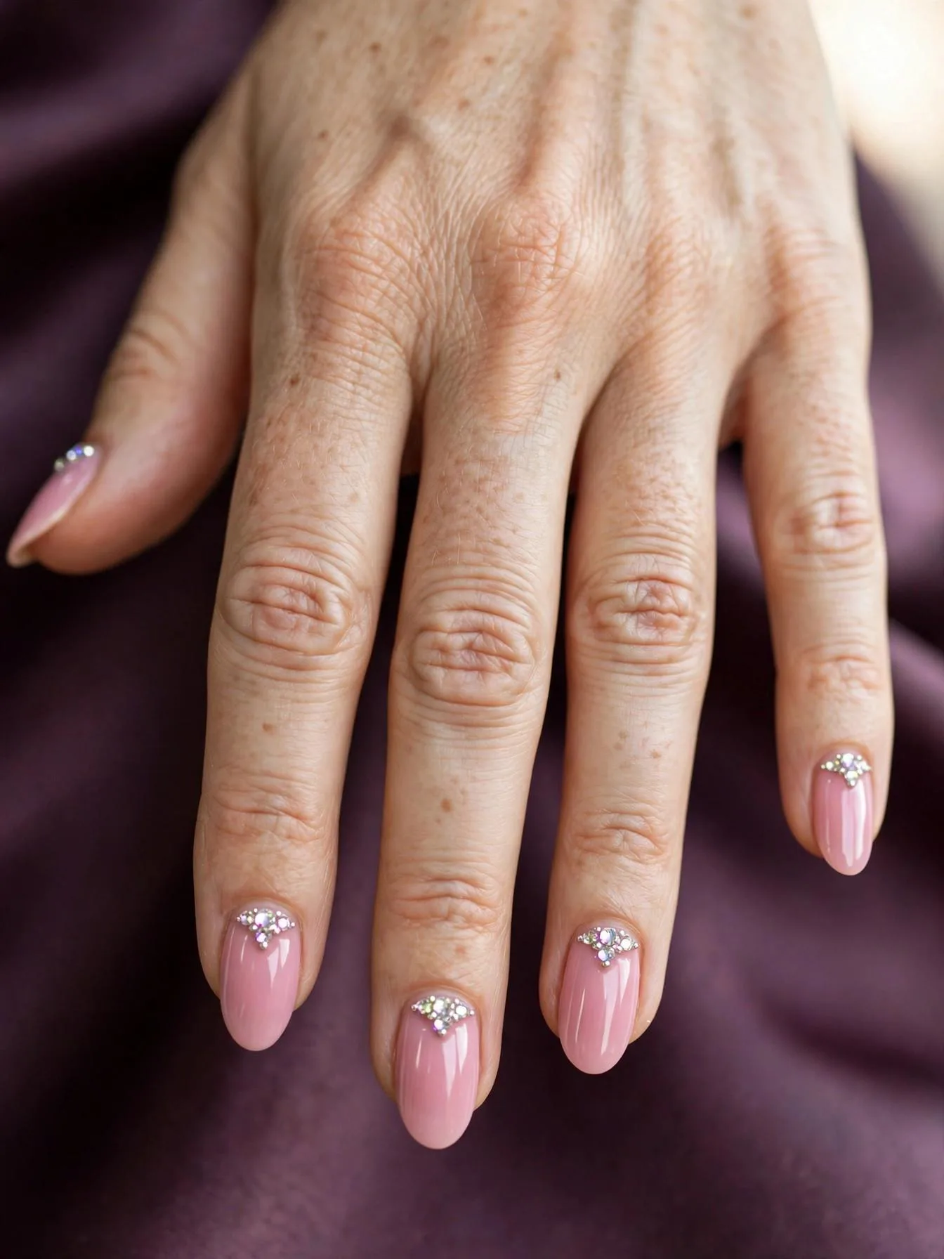Baby pink almond nails with a jewel-like crystal cluster accent.