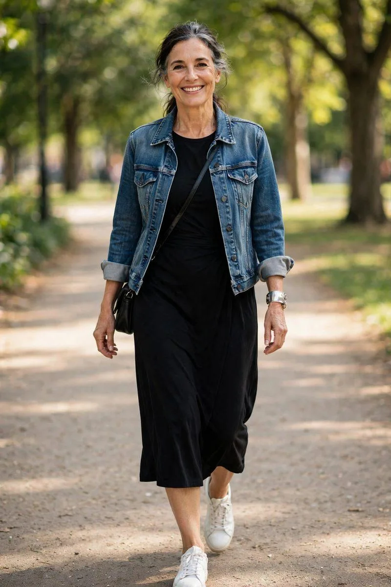 Mature woman with a soft ponytail in a black short-sleeve midi dress, classic denim jacket and clean white sneakers