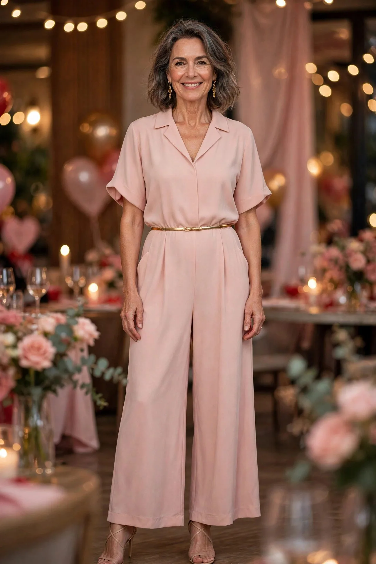 Woman wearing blush wide-leg jumpsuit with belt and flats