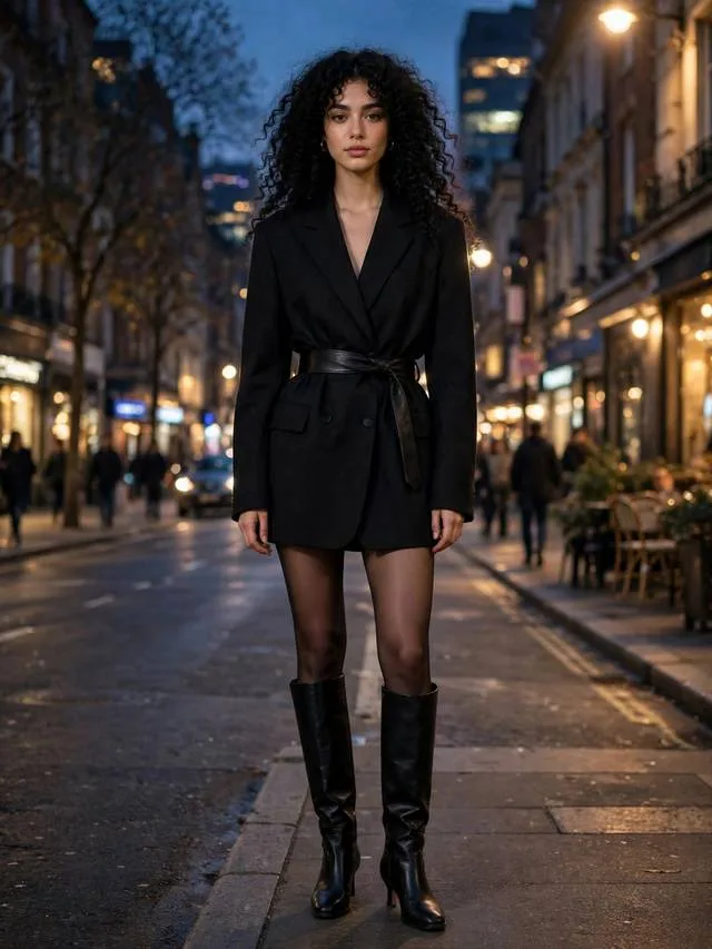 Oversized black blazer belted as a dress with sheer tights and knee-high boots.