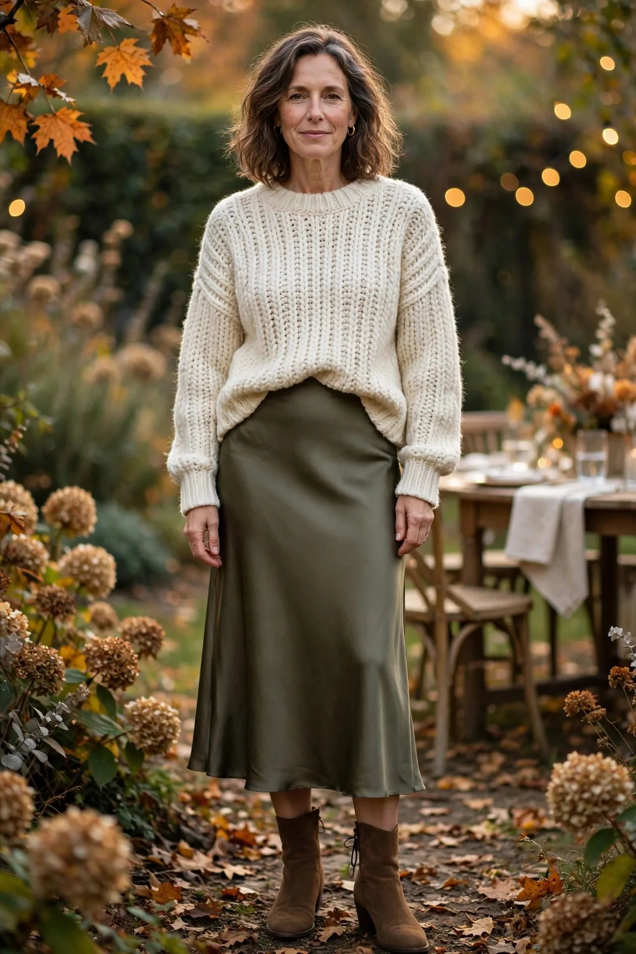 Woman over 50 in olive satin skirt with cream sweater at dinner