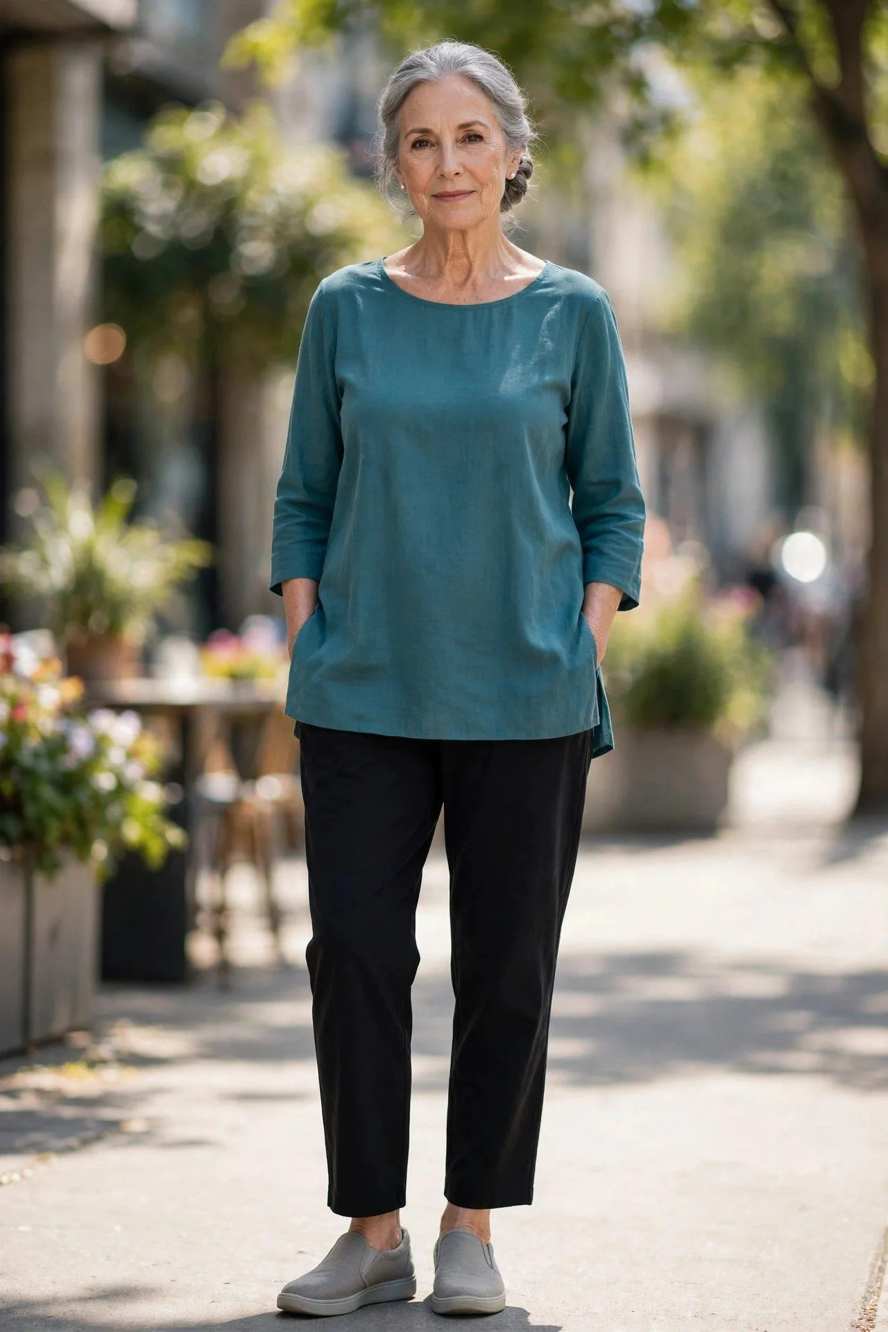 Older lady in comfortable black ponte trousers with hip-length teal tunic