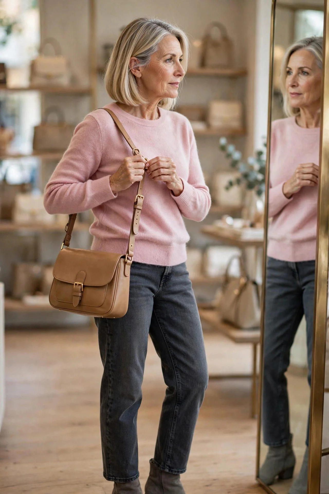 Fifty-something woman fine-tuning her handbag strap length before a boutique mirror for perfect placement.