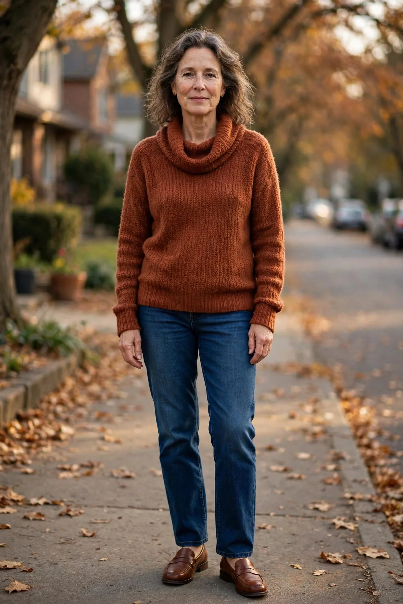 Woman over 50 wearing rust cowl-neck sweater with indigo jeans.