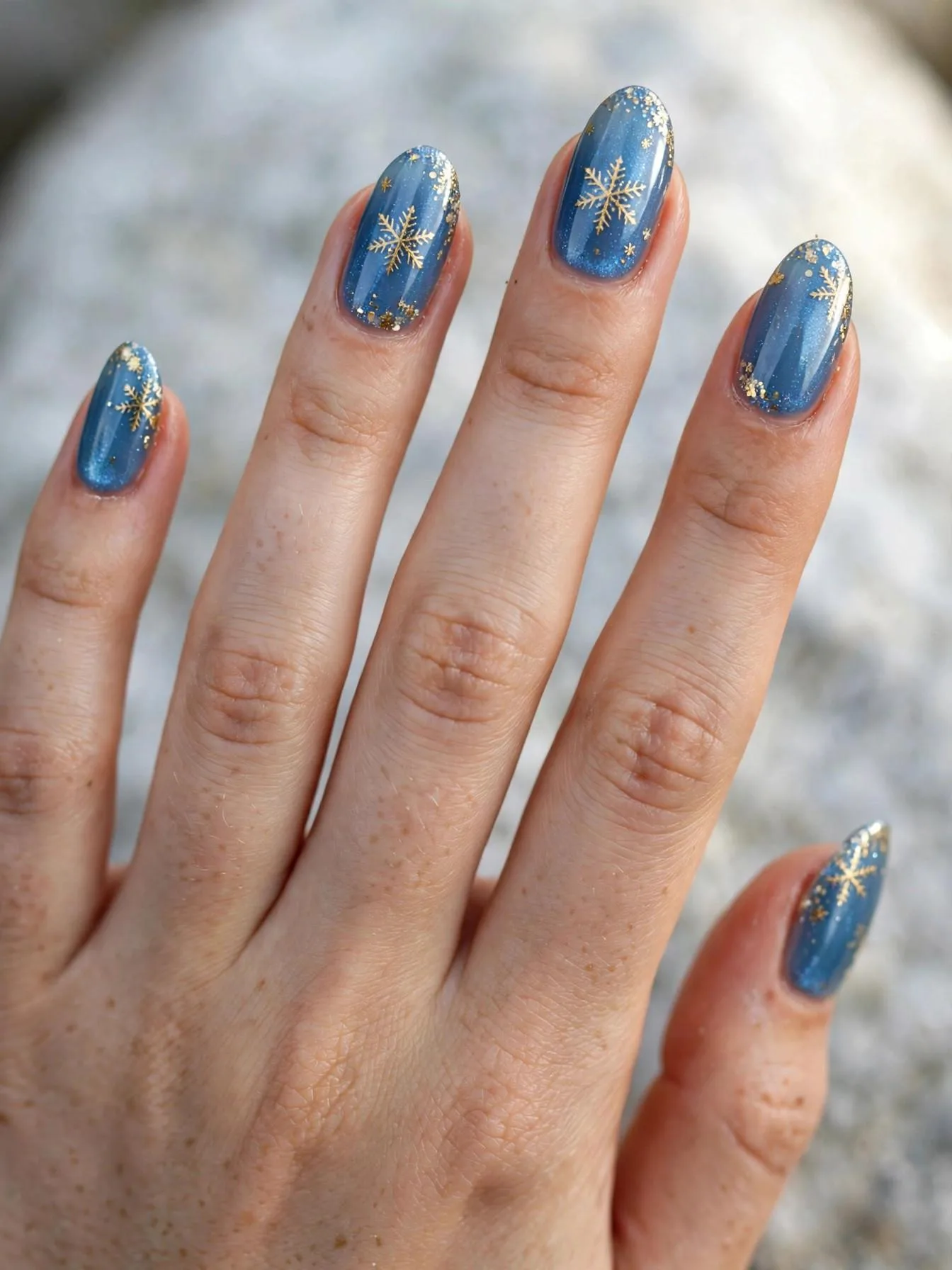 Medium almond nails in shimmery blue with delicate gold snowflake motifs.