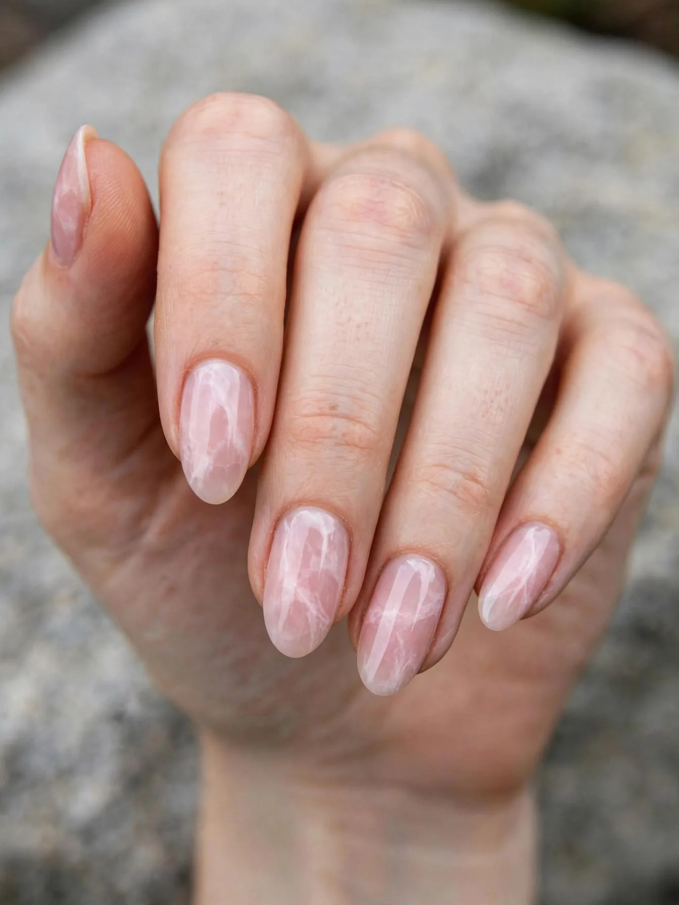 Almond nails with soft pink marble swirls in rose and white.