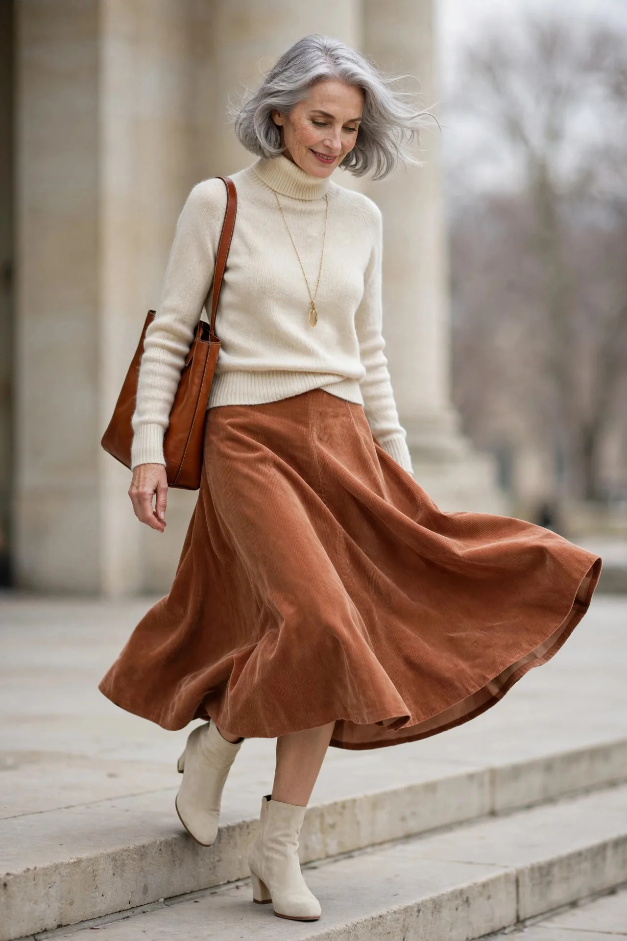 Corduroy Courtyard Skirt — A terracotta fine-wale corduroy A-line midi skirt paired with a cream merino turtleneck sweater.