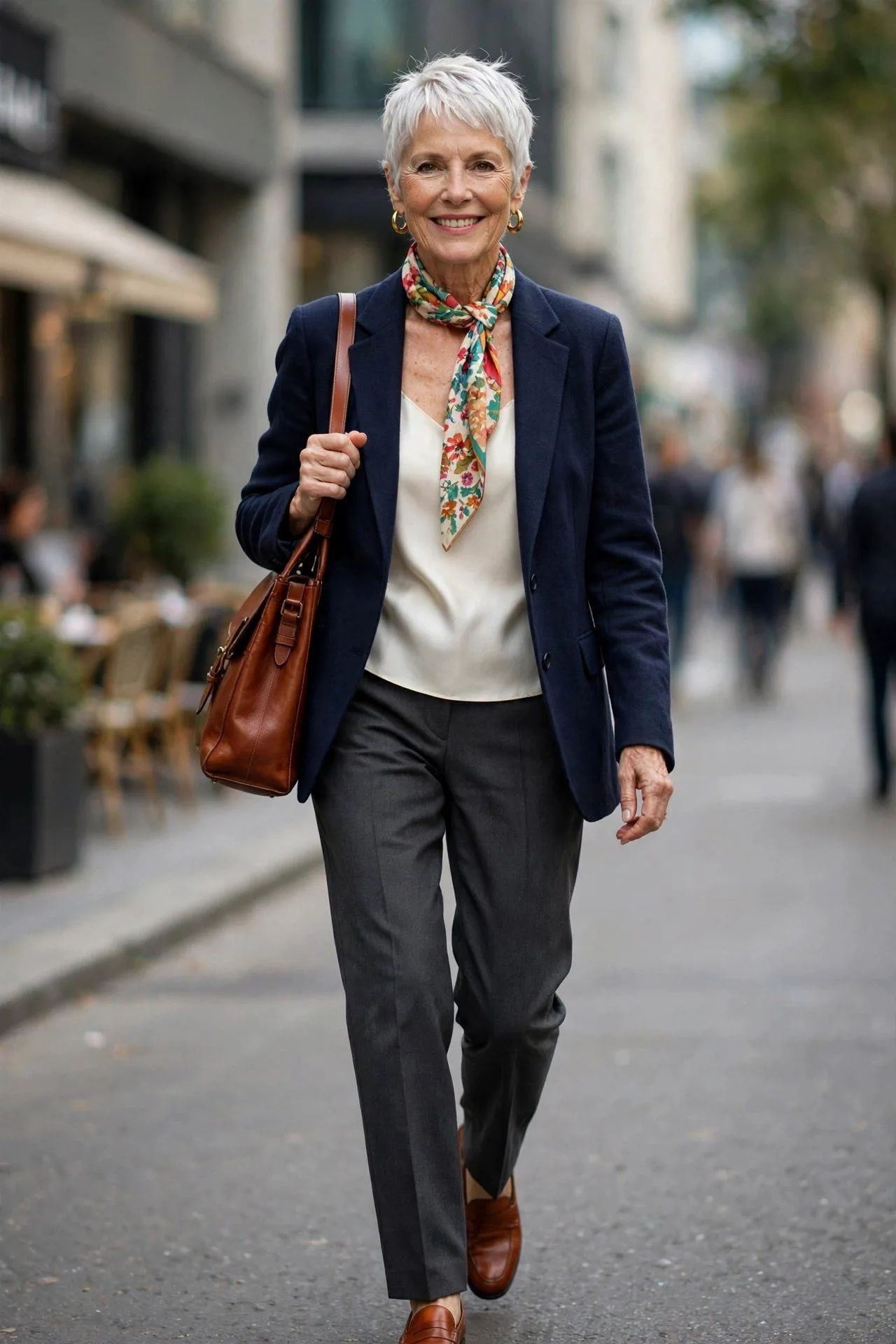 Assured older woman combining navy jacket, light top and dark trousers