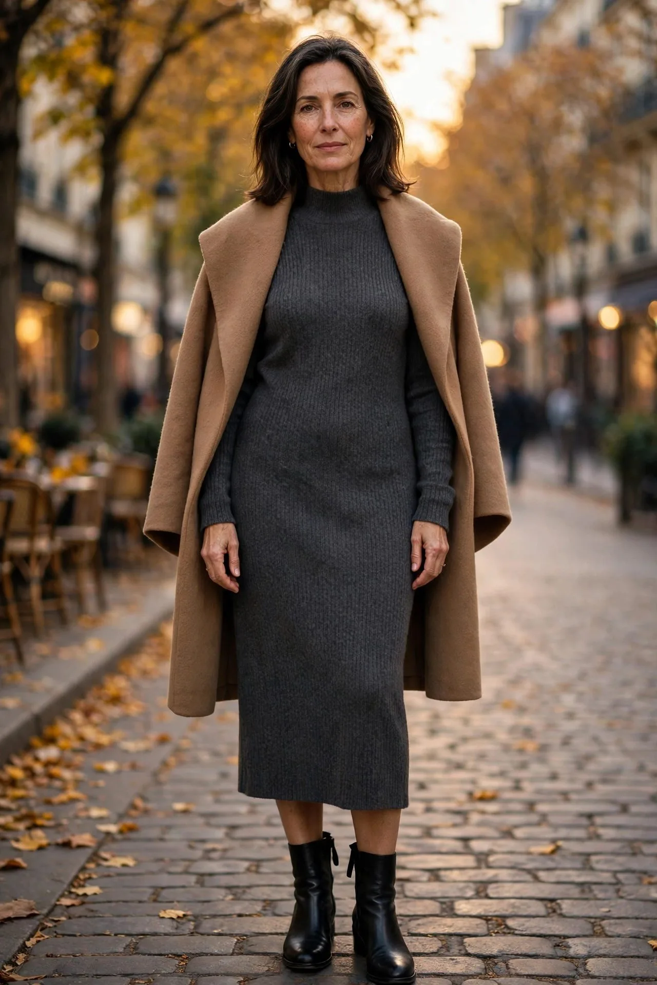 Woman over 50 in charcoal knit with camel coat on a winter commute