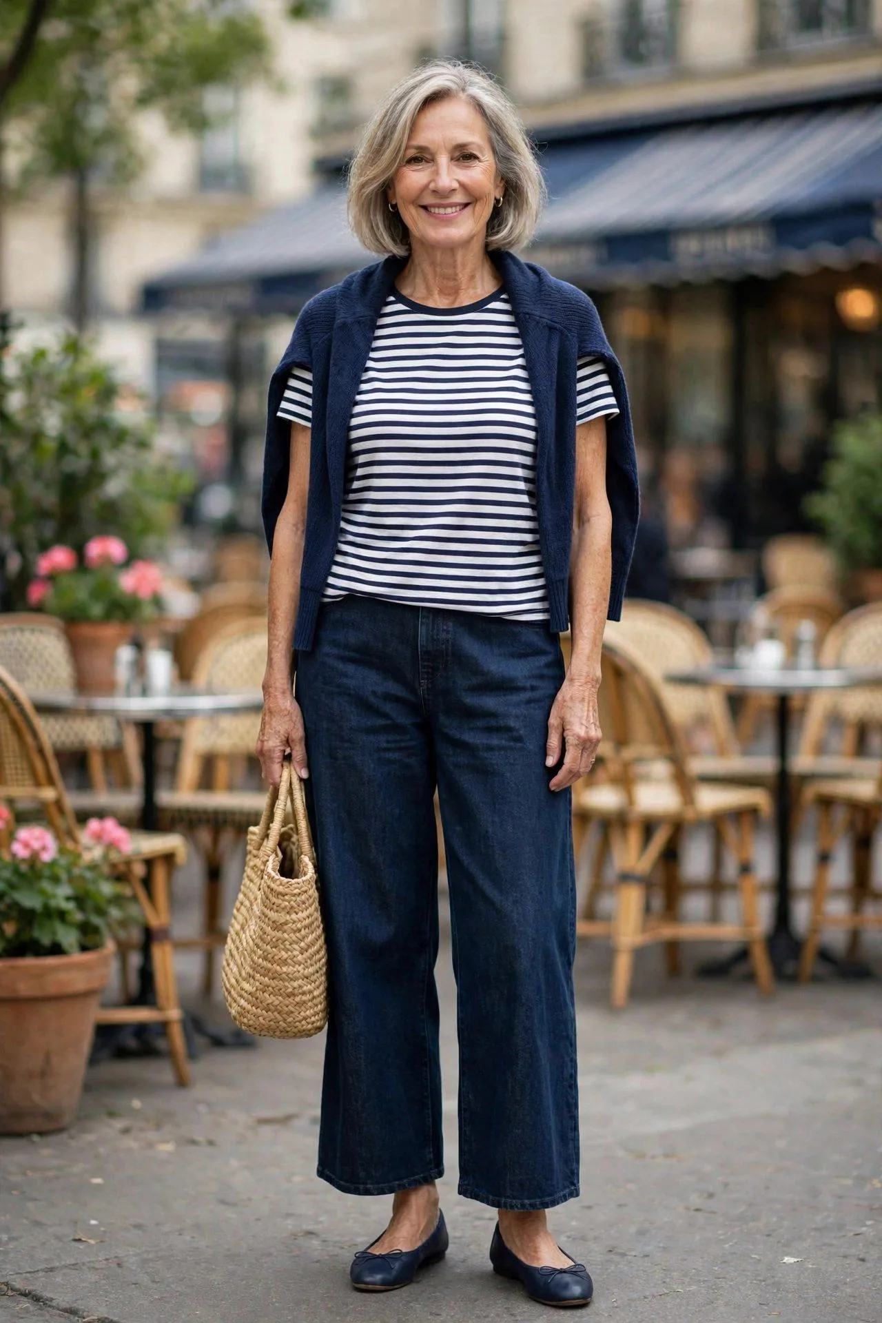 Cheerful woman over 50 in wide-leg dark jeans with Breton stripes and a woven tote.