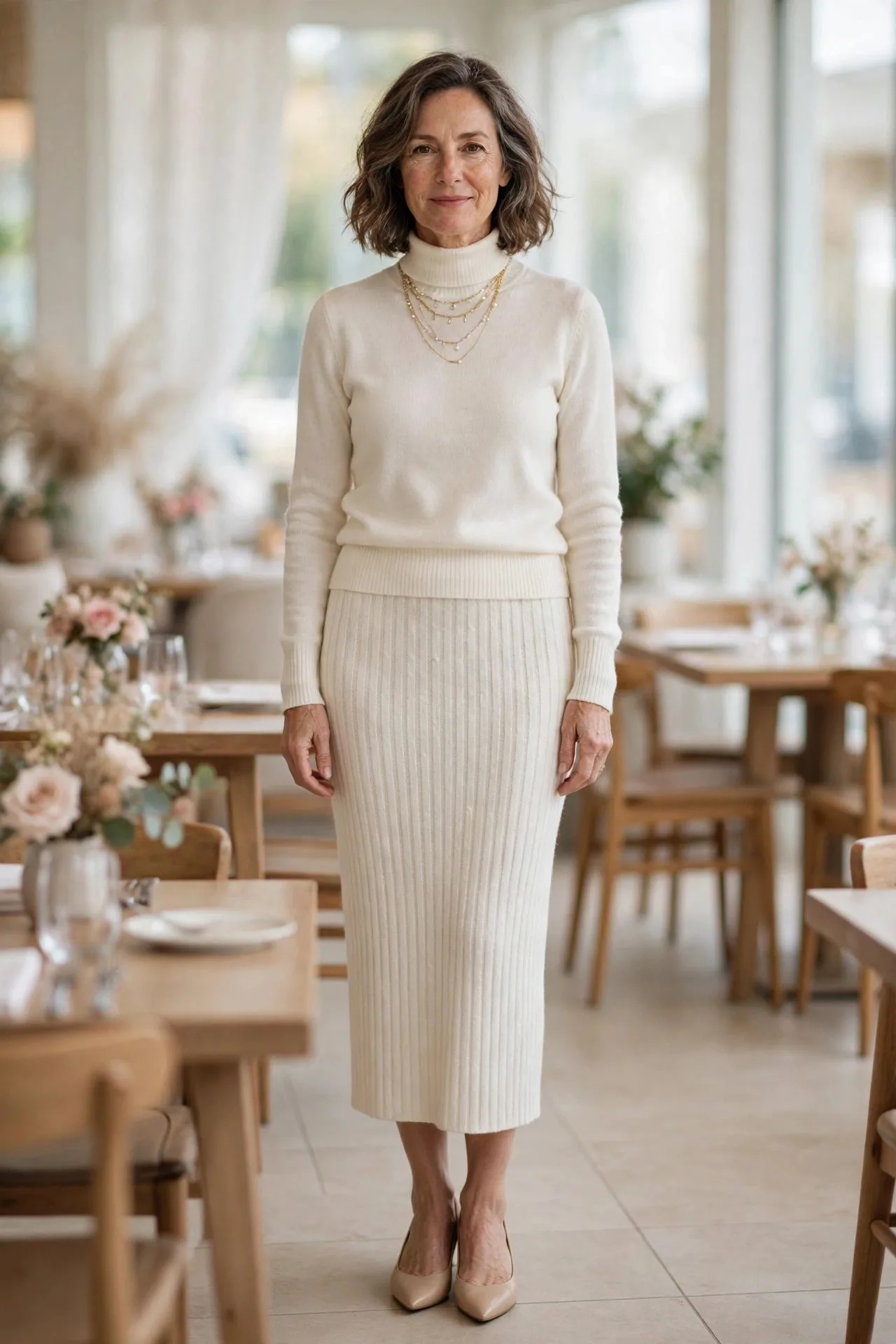Woman in ivory ribbed knit dress with camel wool coat
