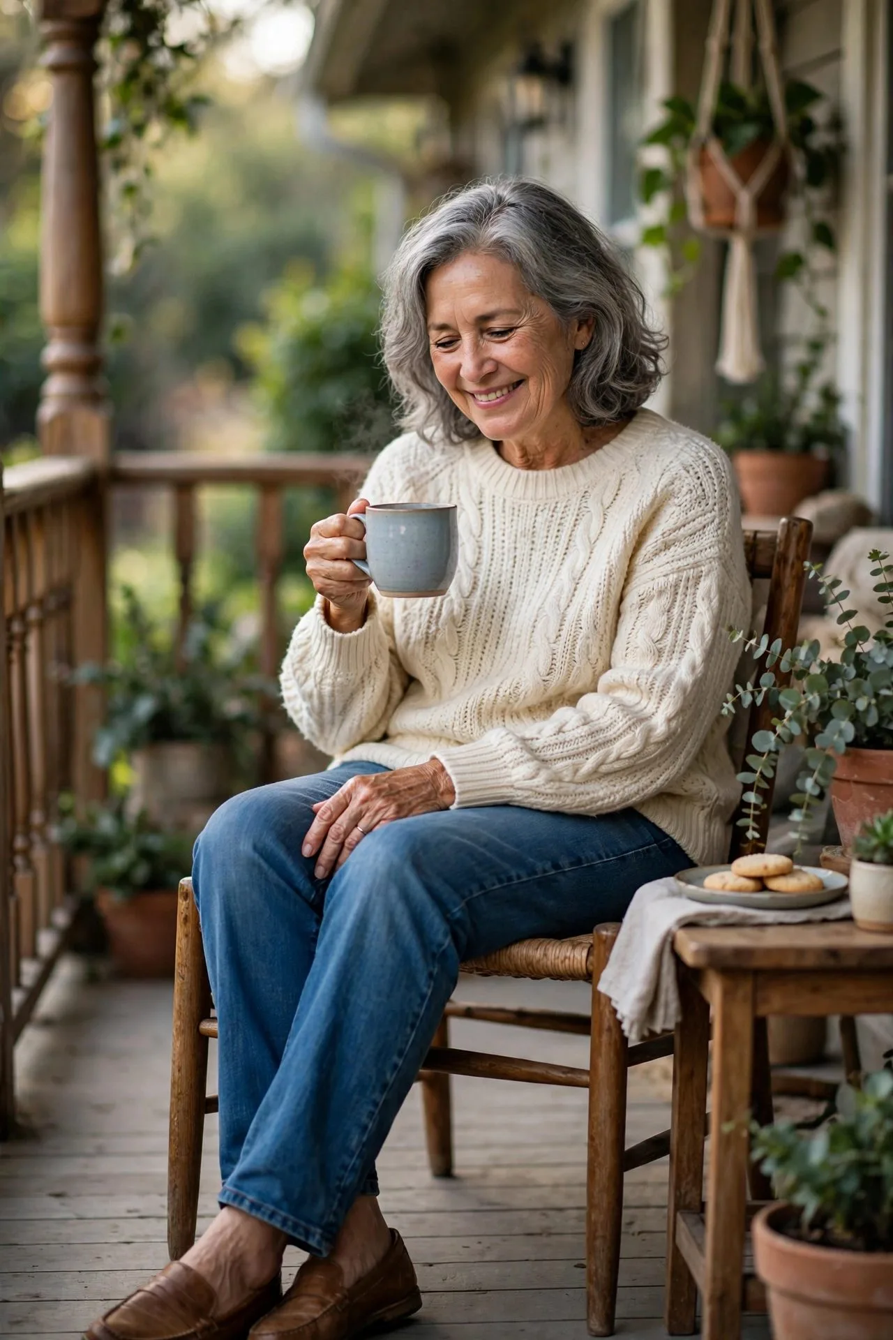 Happy woman over 60 savoring morning coffee on porch