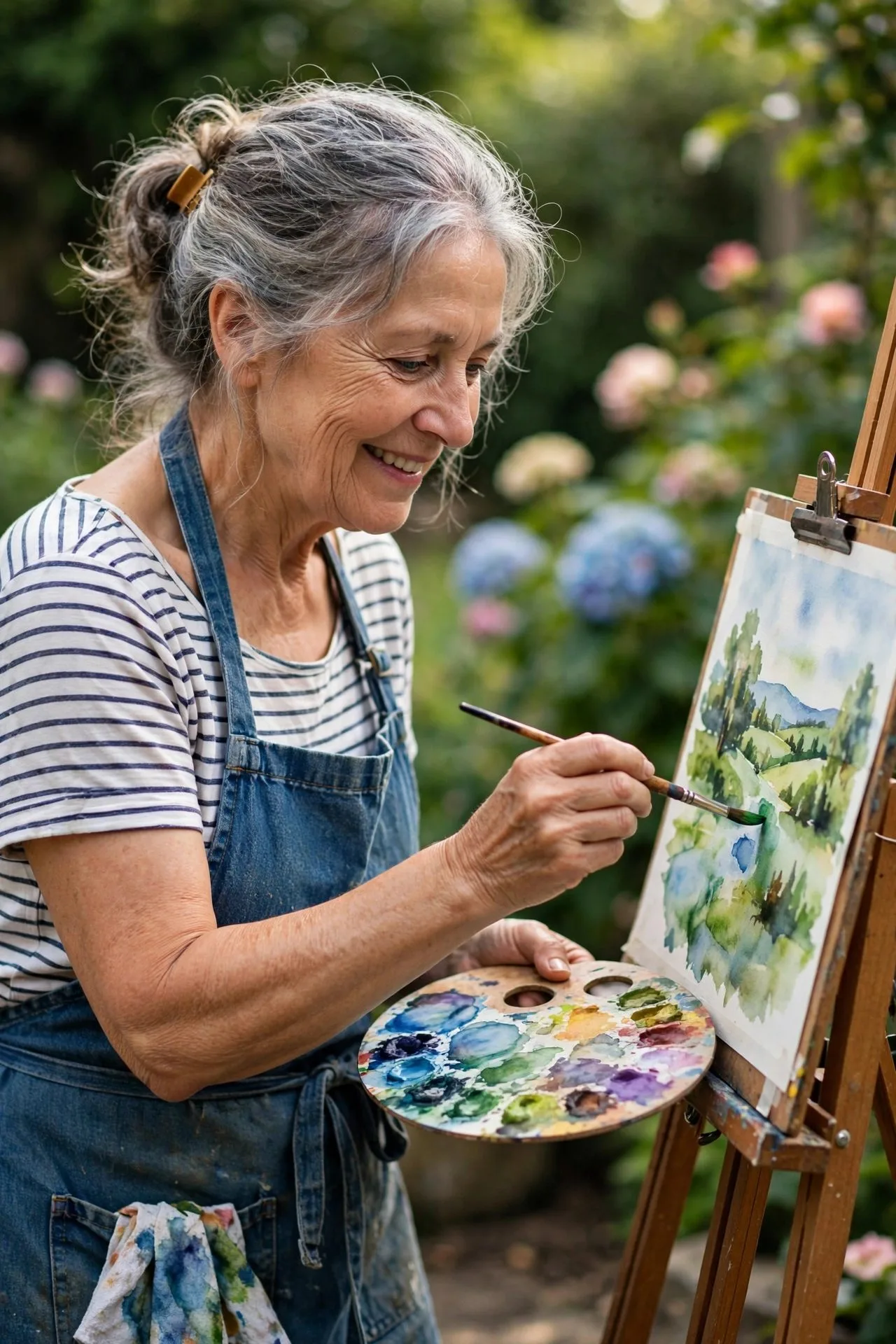 Creative older woman painting watercolors happily at home studio
