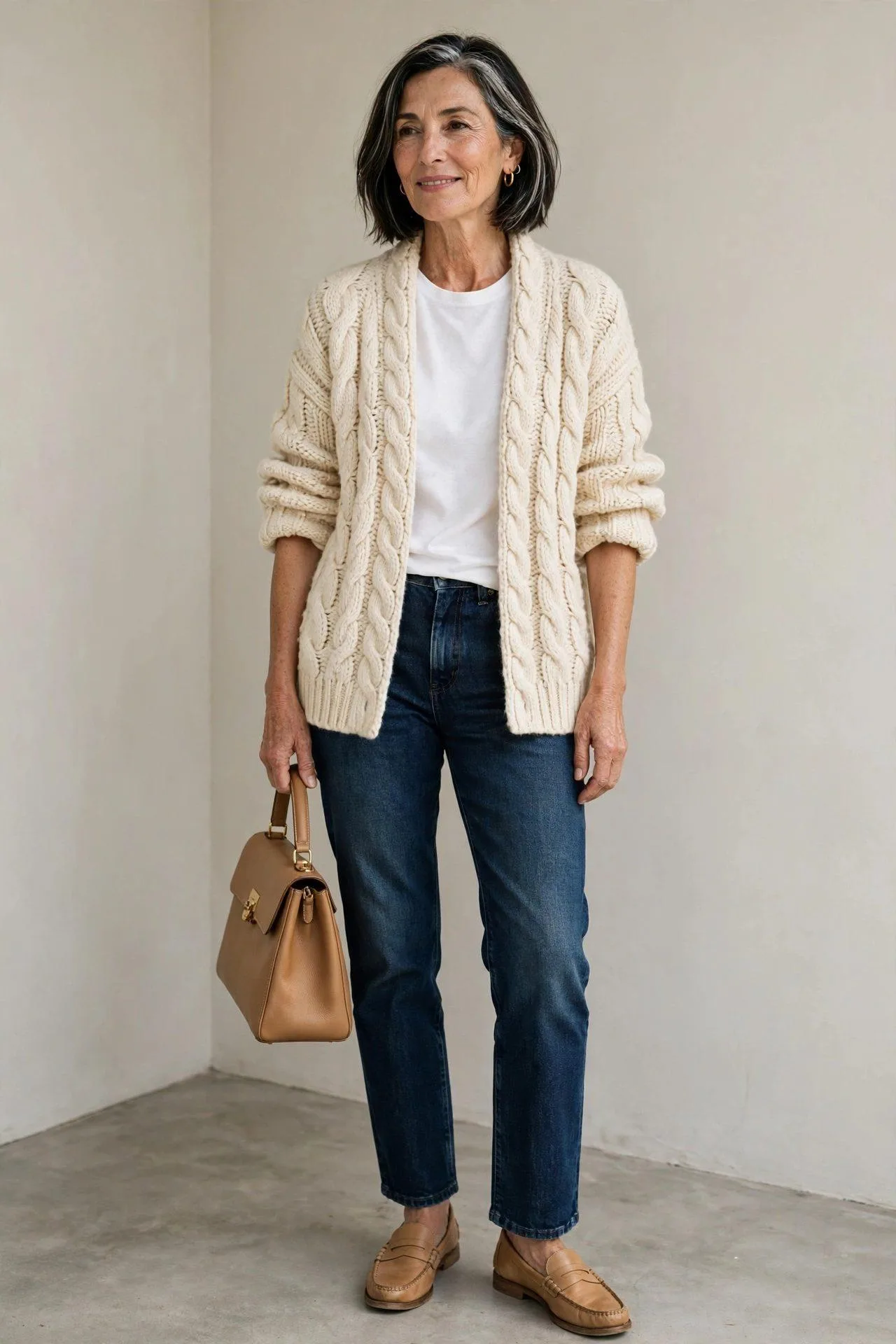 Stylish woman in her late 50s wearing an open cream cable-knit cardigan over a white crew-neck tee with dark straight jeans, tan leather loafers and a top-handle bag.