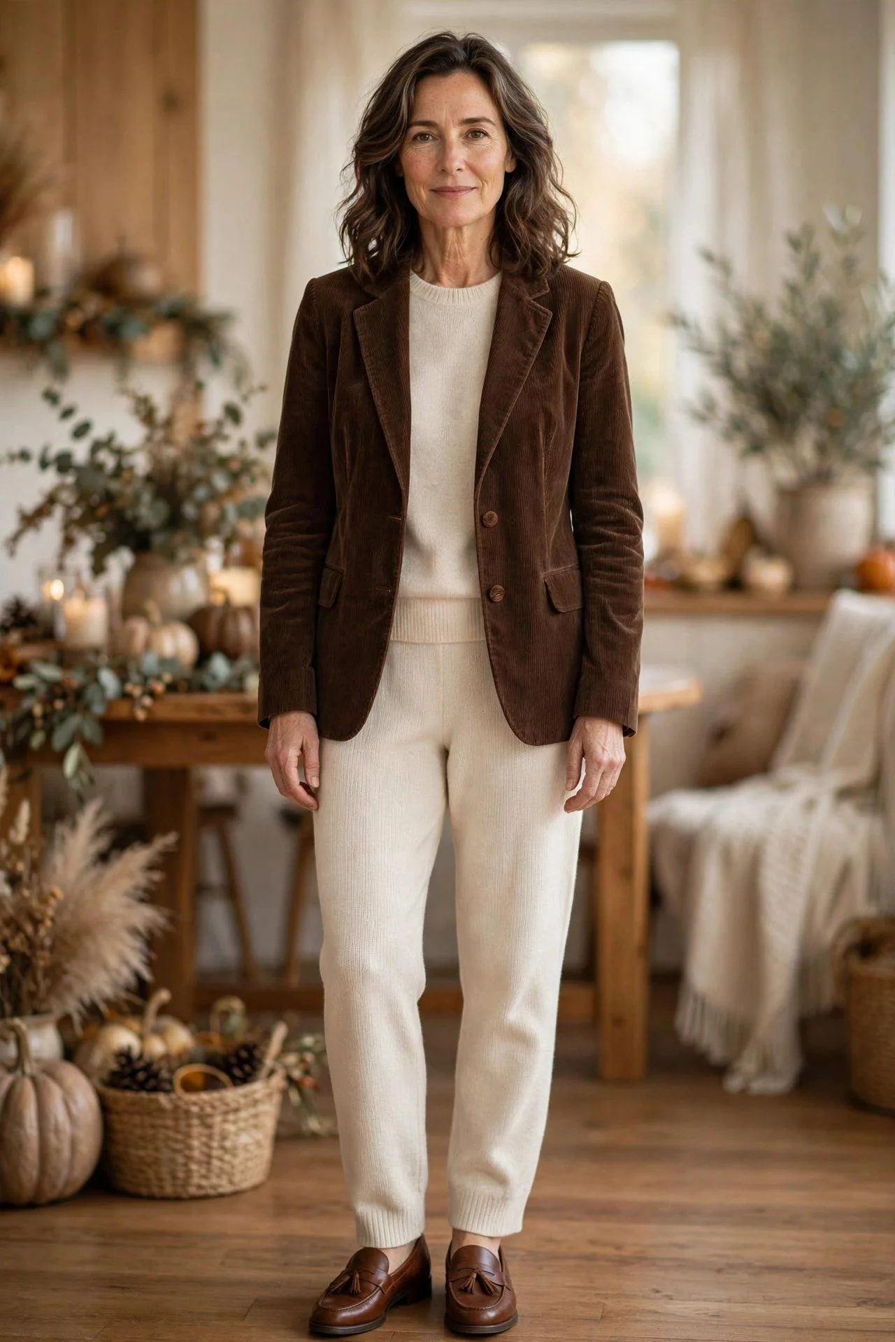 Woman over 50 in chocolate corduroy jacket and dark jeans.