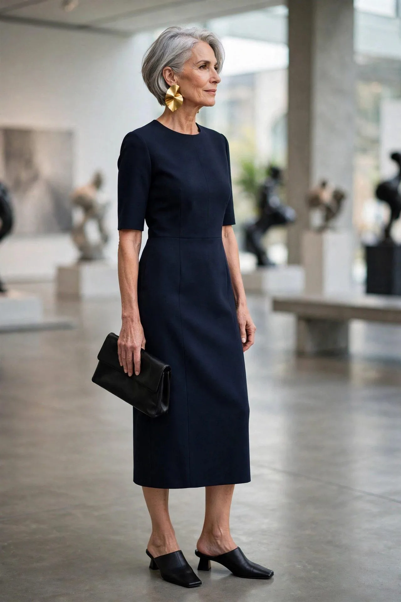 Trendy senior woman updating classic navy dress with statement earrings