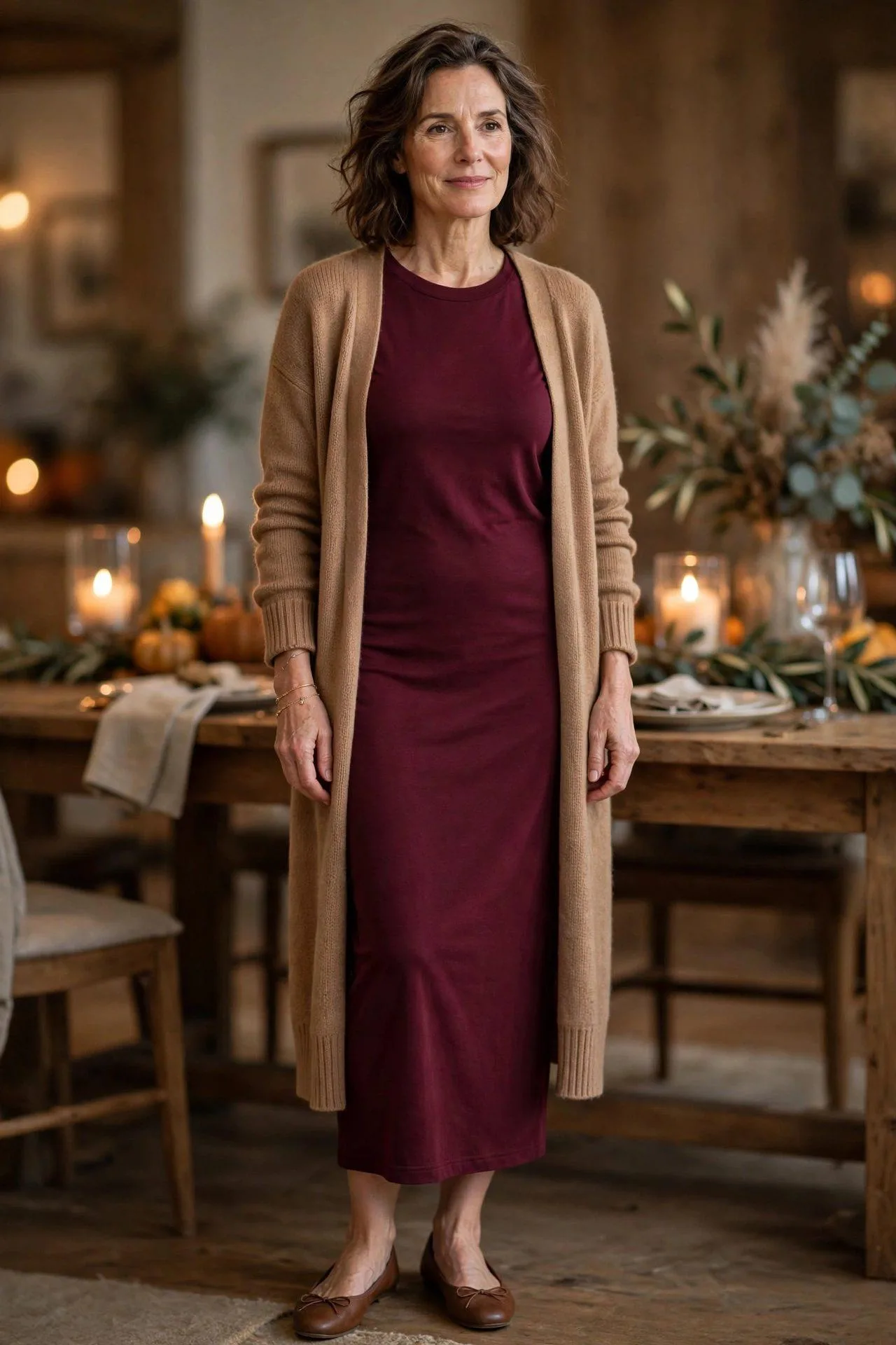 Woman over 50 in burgundy jersey dress and long cardigan.