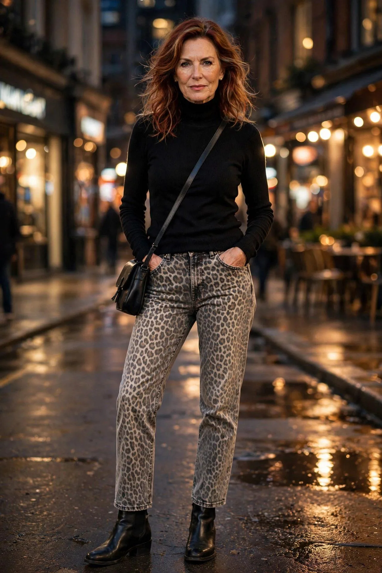 Daring 50s woman making a statement in animal-print jeans with black turtleneck at night
