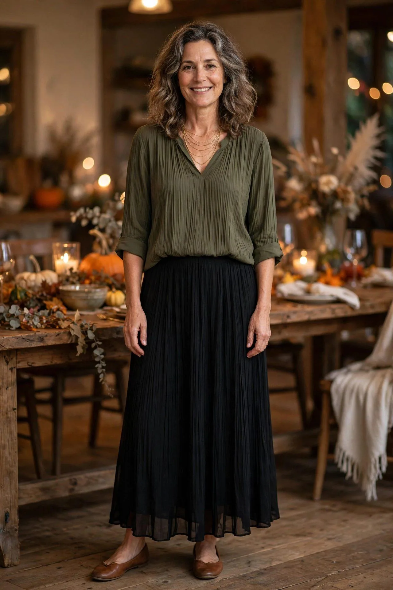 Woman over 50 in olive pleated blouse and black maxi skirt.