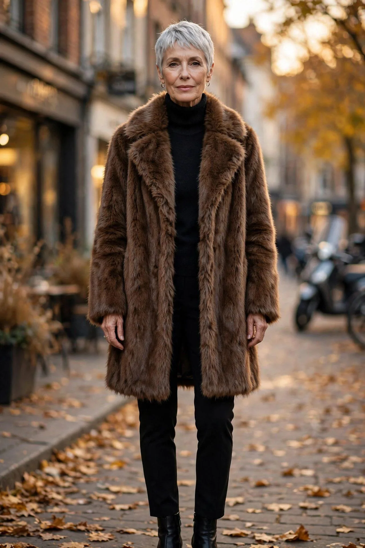 Silver-haired woman wrapped in a plush brown faux-fur coat over all black with sleek ankle boots amid fall leaves.