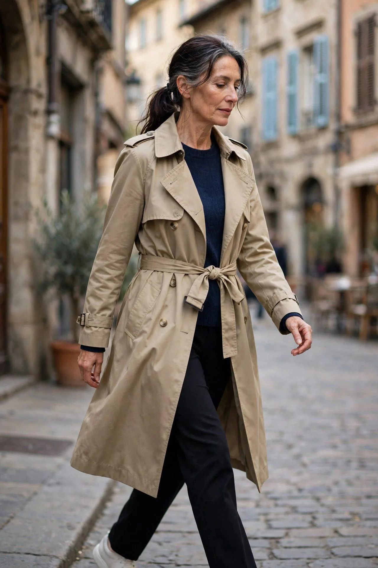 Confident older woman walking in a belted khaki trench over navy knit and black pants.