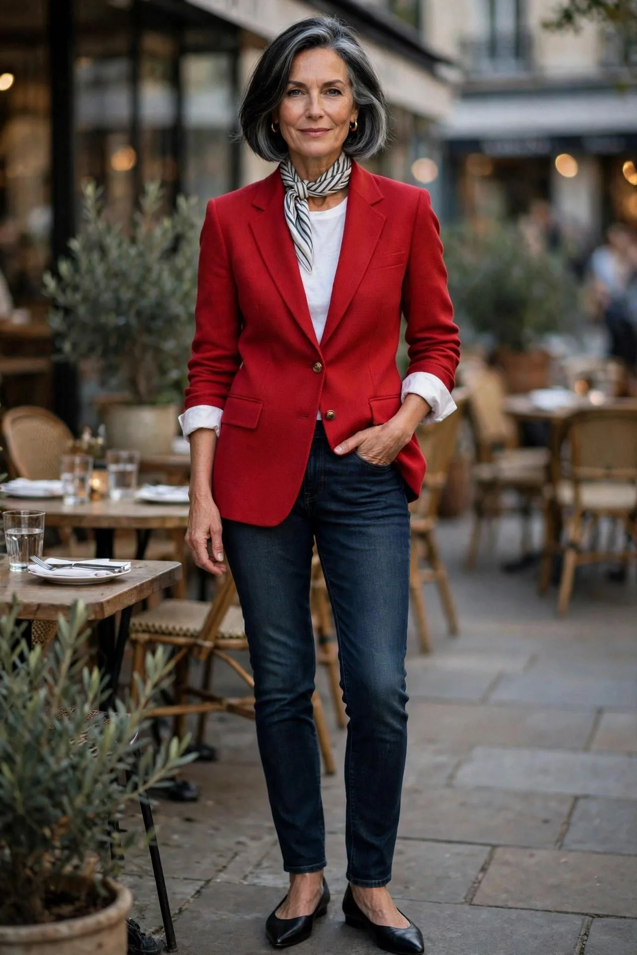 Dashing woman in a tomato-red tailored blazer, white tee and dark denim at a café — confident smart casual chic outfits with flair.