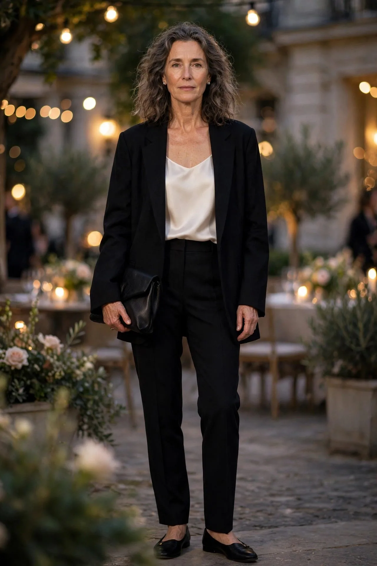 Woman over 50 in ivory silk top with oversized black blazer
