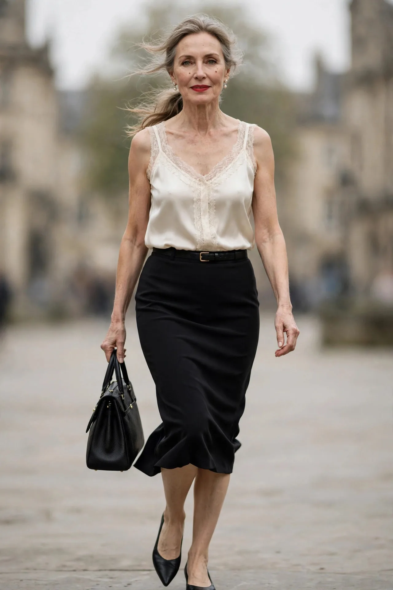 Hourglass Pencil Power — A below-knee black pencil skirt in stretch crepe with a tucked ivory silk shell blouse, pointed flats, and a slim belt at the waist.
