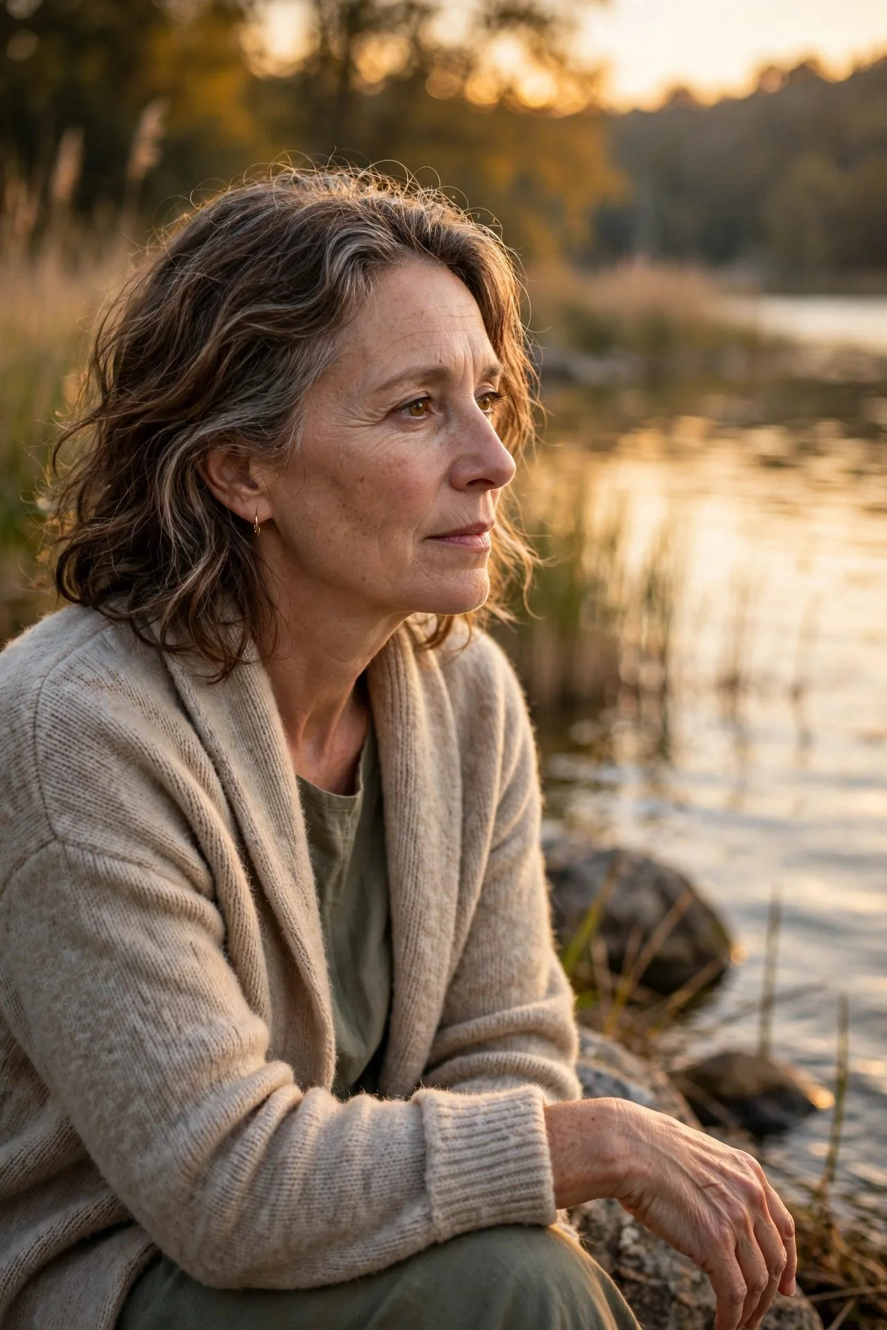 Reflective older woman writing thoughtfully at a wooden desk