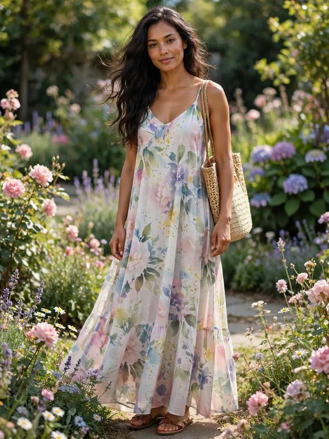 A woman in a floral watercolor maxi dress with flat sandals.
