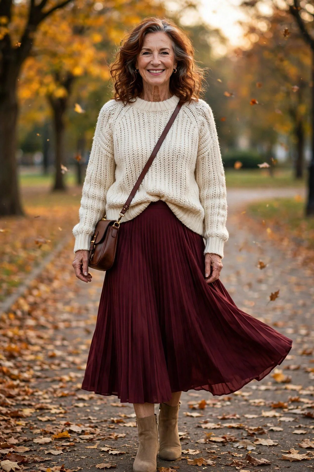 Mature woman twirling in a burgundy pleated skirt styled with an ivory chunky sweater.