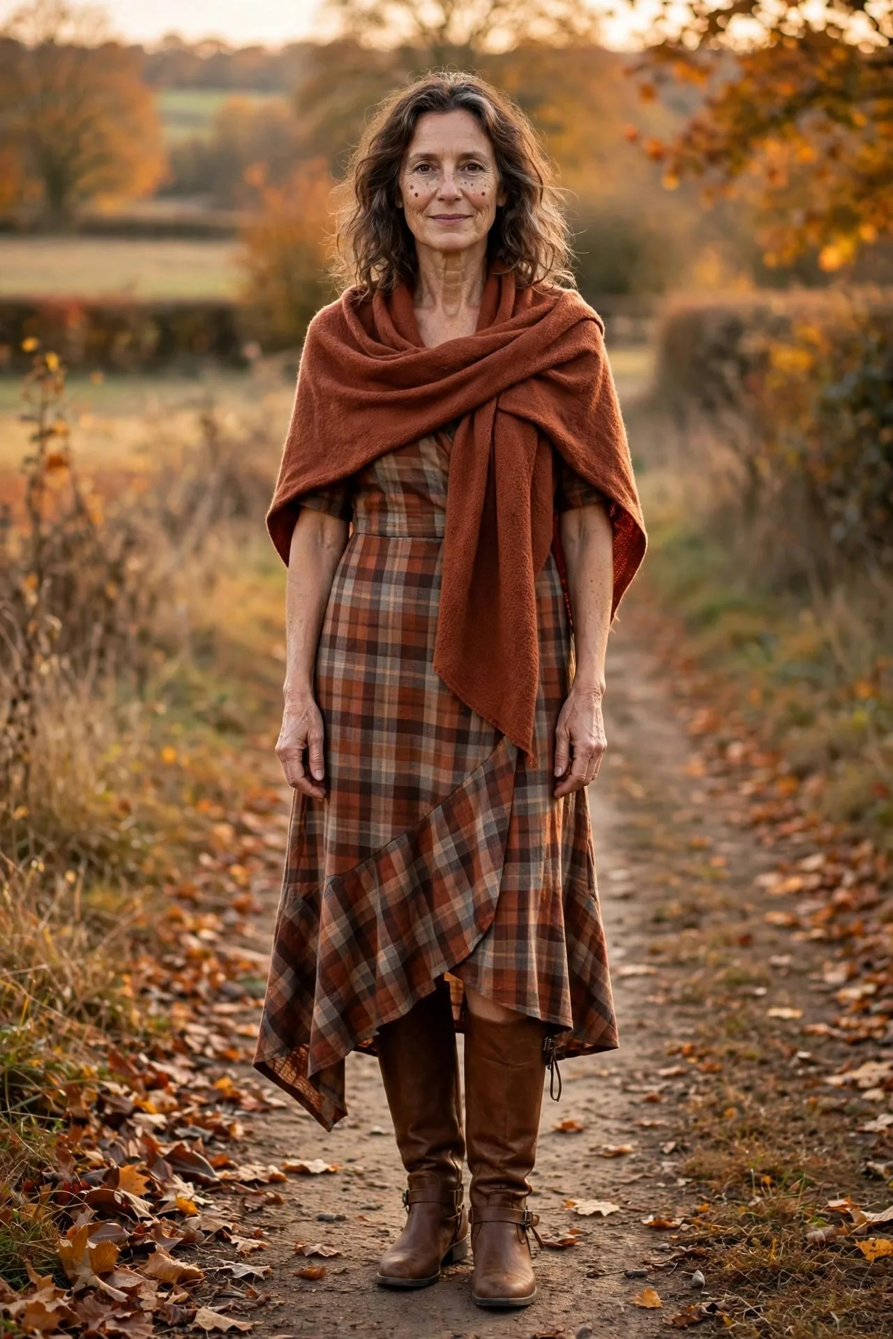 Woman over 50 wearing plaid midi dress with rust shawl.