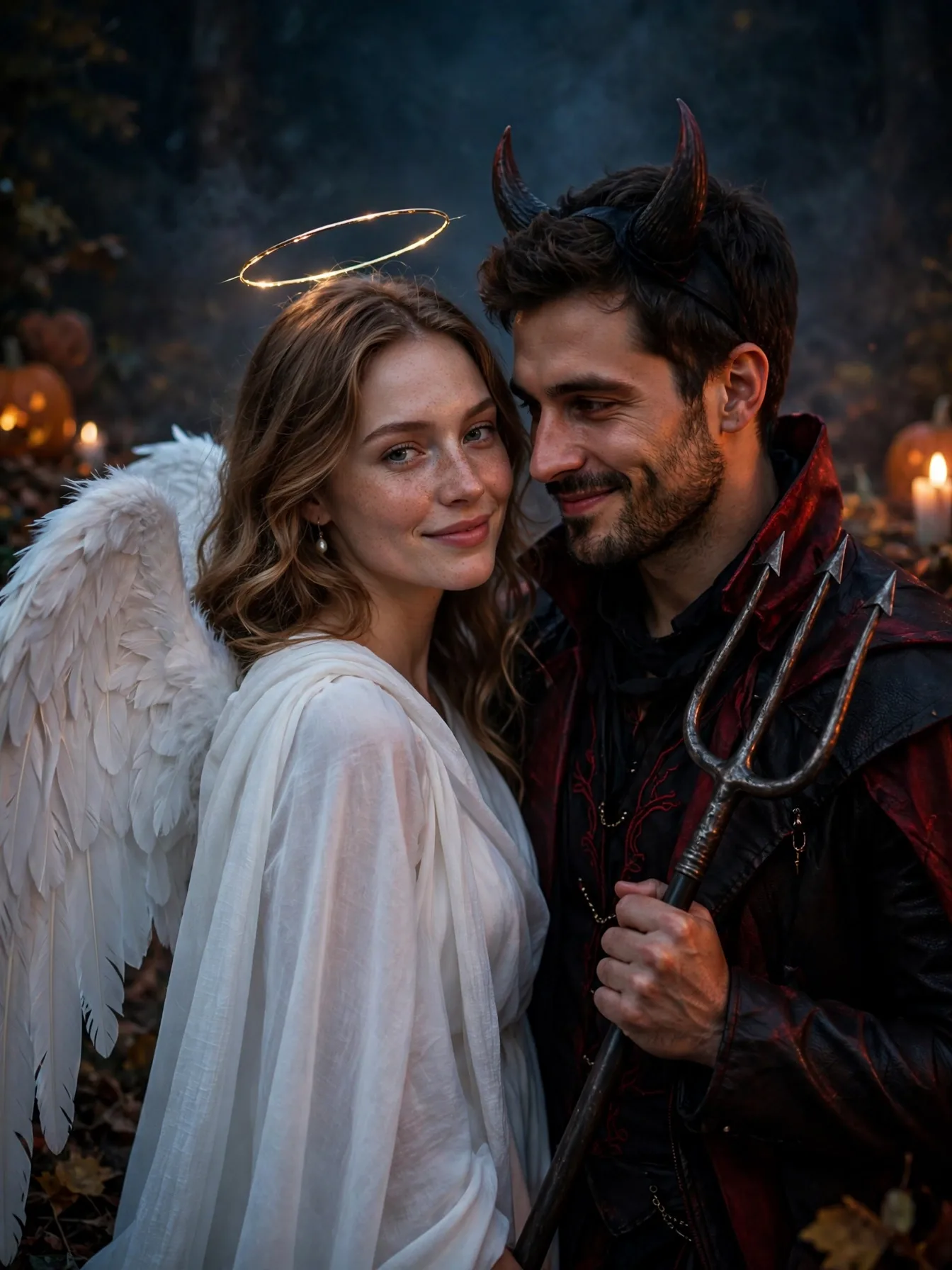 An angel in white wings beside a devil with horns and pitchfork.