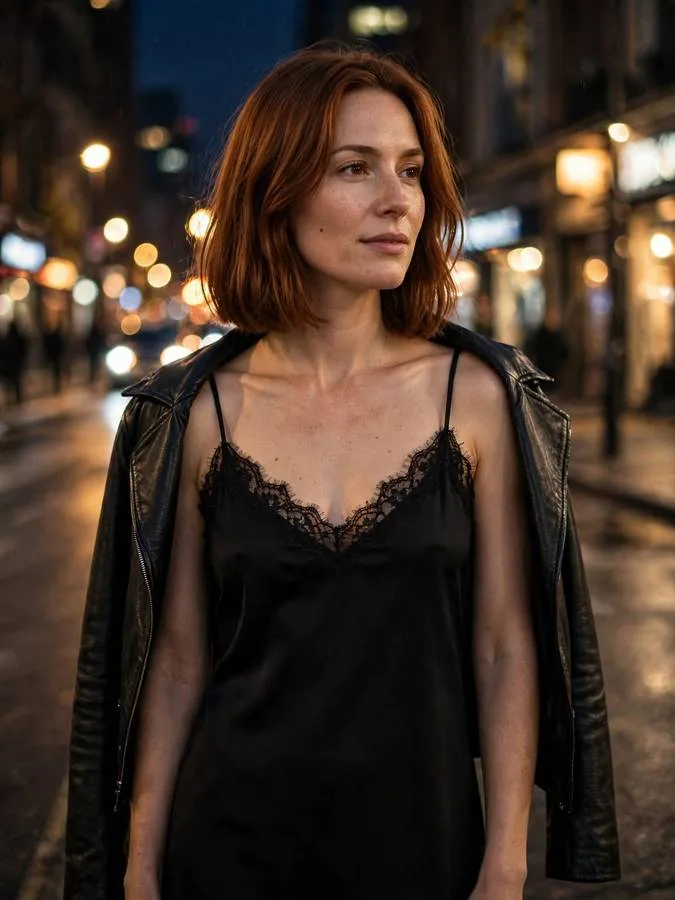 A woman in a black lace-trim slip midi dress with red lipstick.