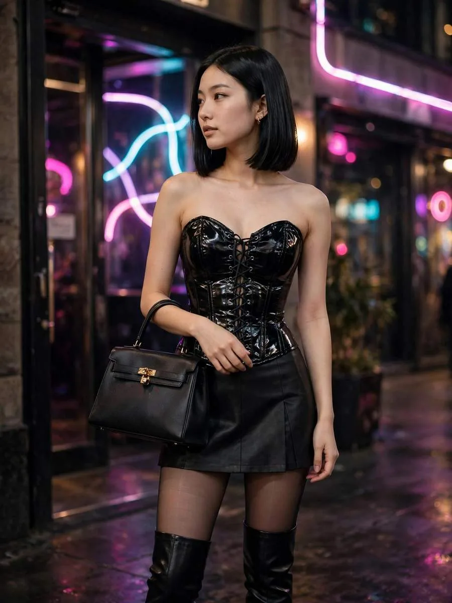 Woman wearing a glossy black corset top, mini skirt, and over-the-knee boots.