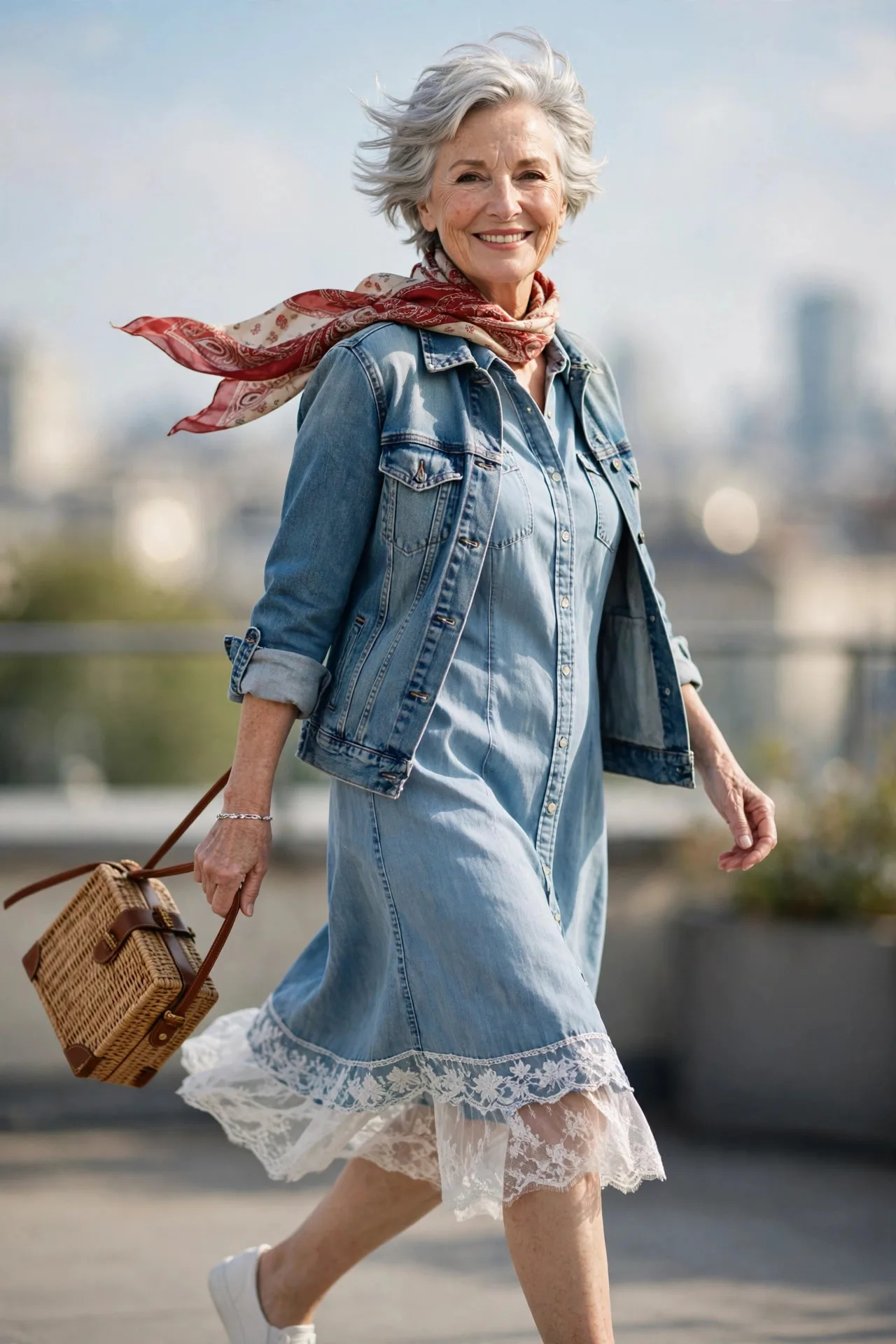 Denim Jacket Memory — A light-wash chambray shirt dress with white stitching, worn with a classic medium-wash denim jacket left open.