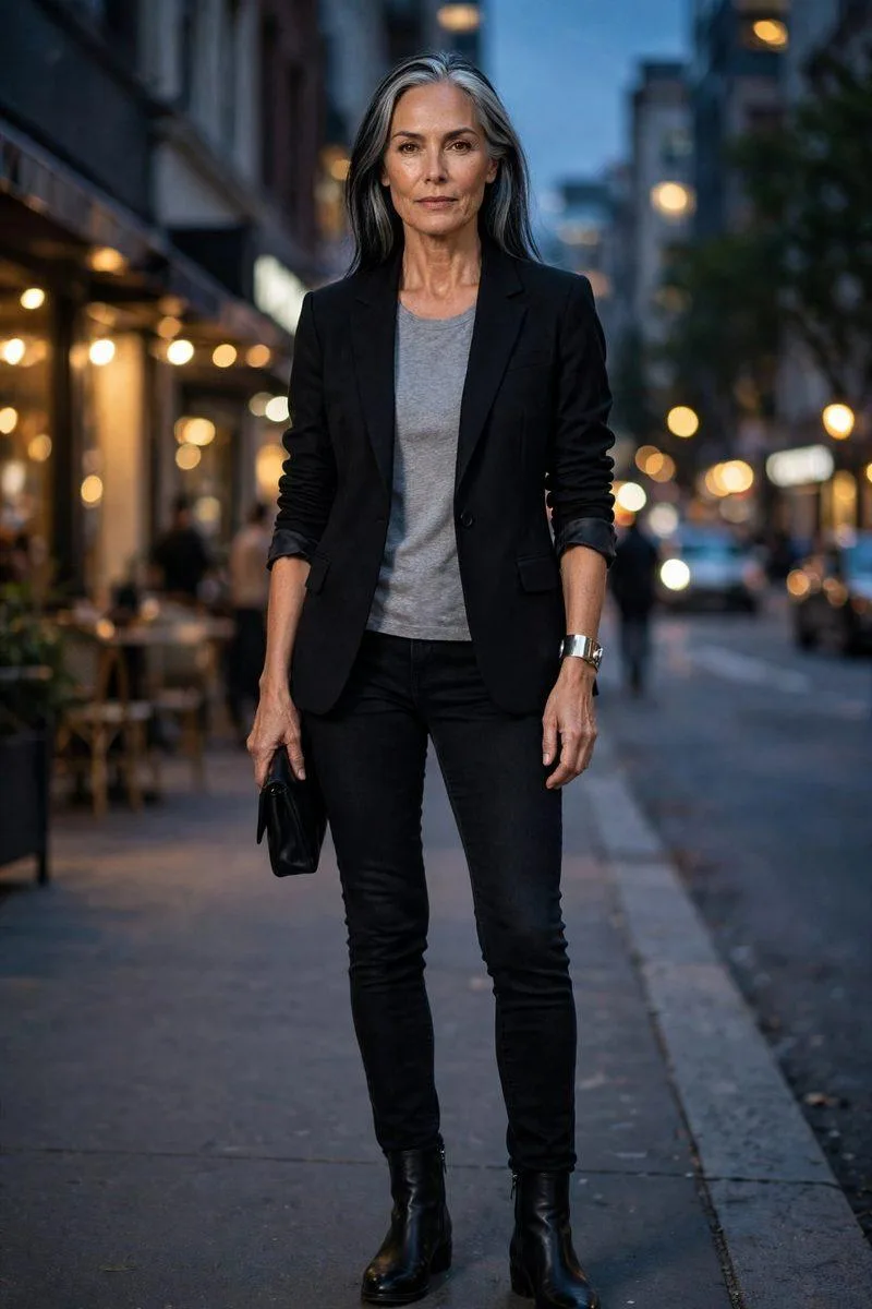 Mature woman with silver-streaked black hair in a tailored black blazer, heather grey tee and black denim at dusk
