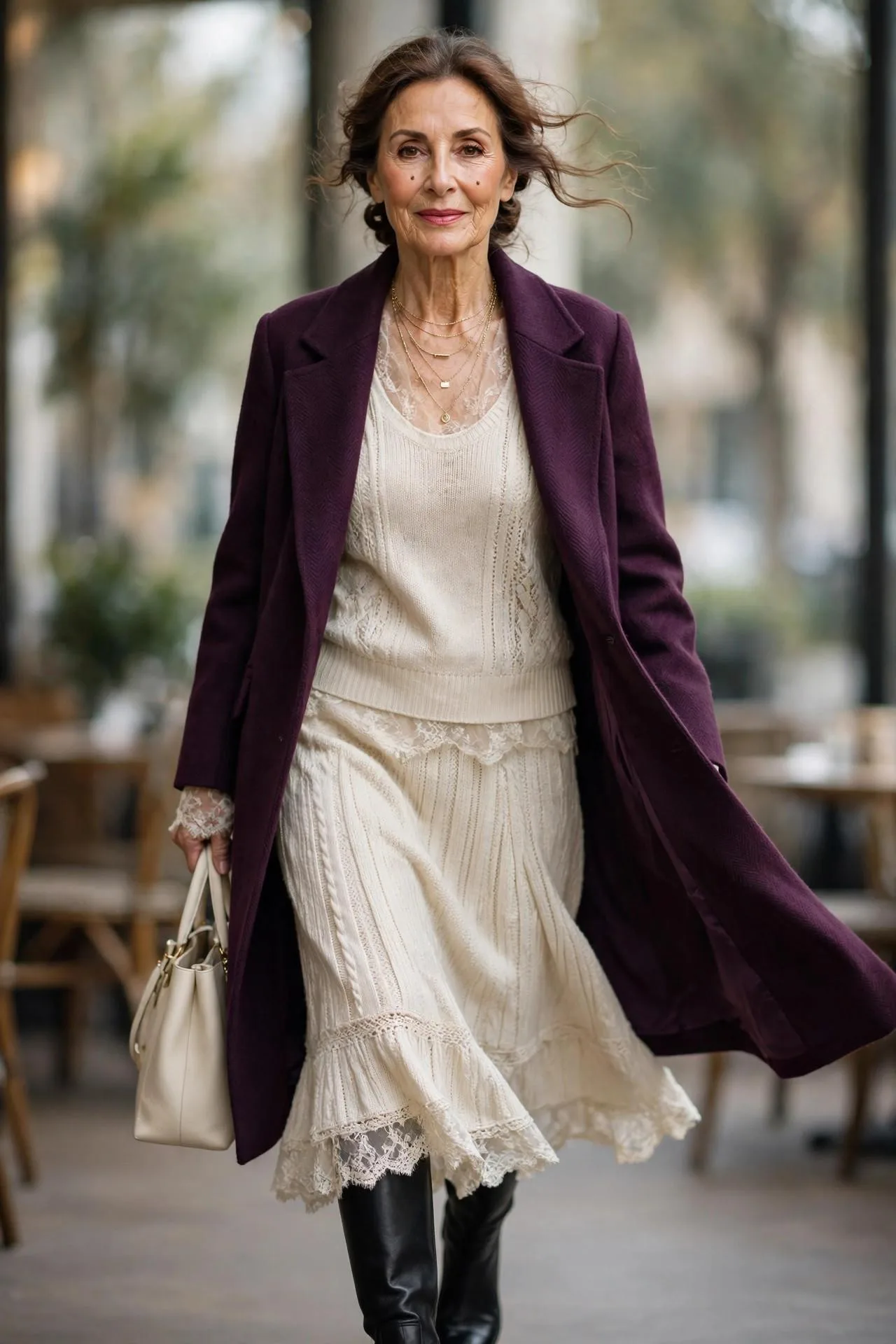 Sophisticated mature woman in plum wool coat over cream knit co-ord set with knee-high boots.