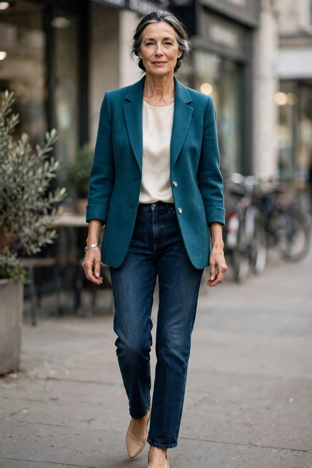 Sophisticated lady in her fifties sporting a teal blazer over a cream top and indigo jeans — effortless smart casual fashion over 50 with chic style.