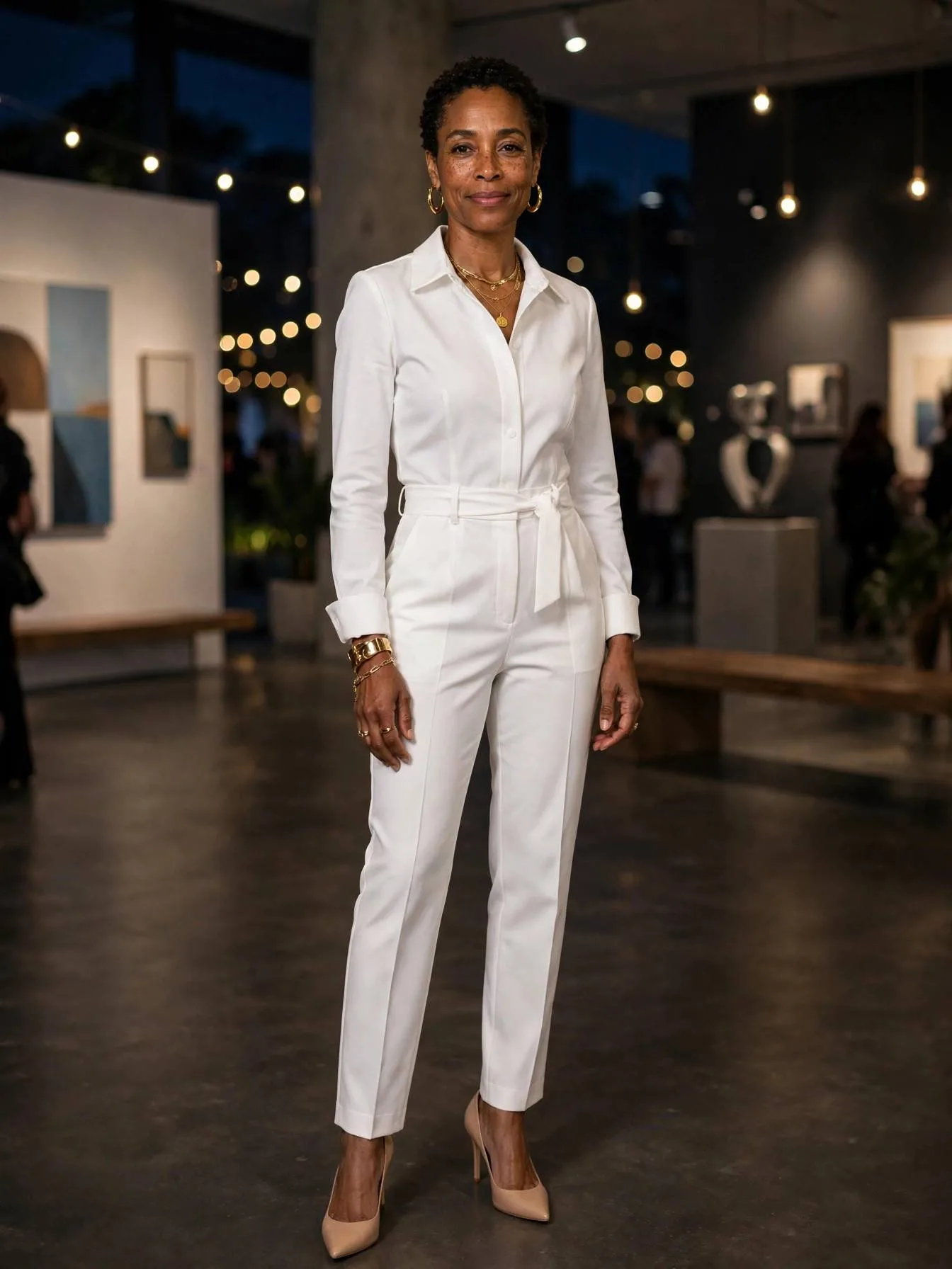 Woman in a white tailored jumpsuit with gold jewelry at party.
