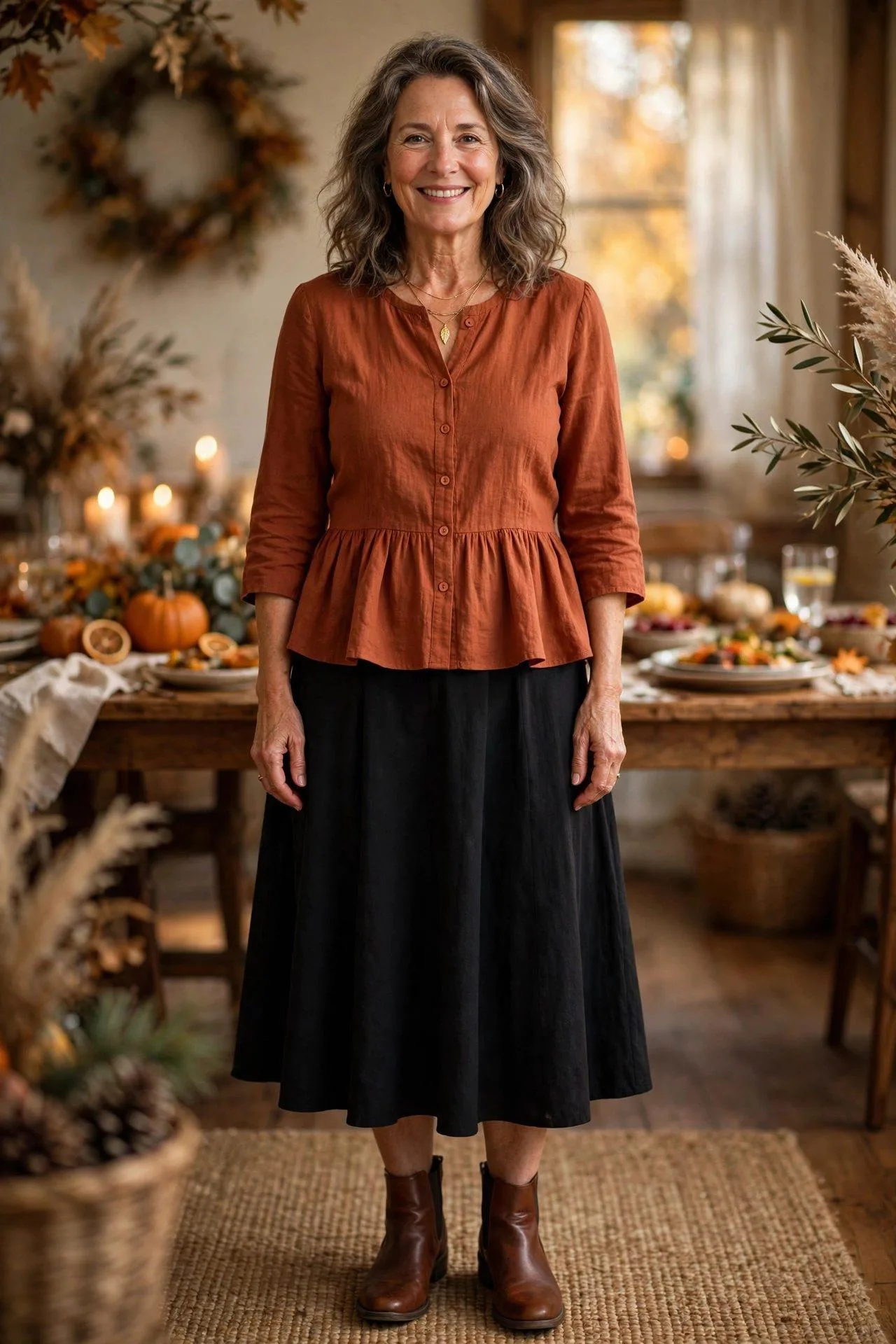 Woman over 50 in rust peplum blouse and black midi skirt.